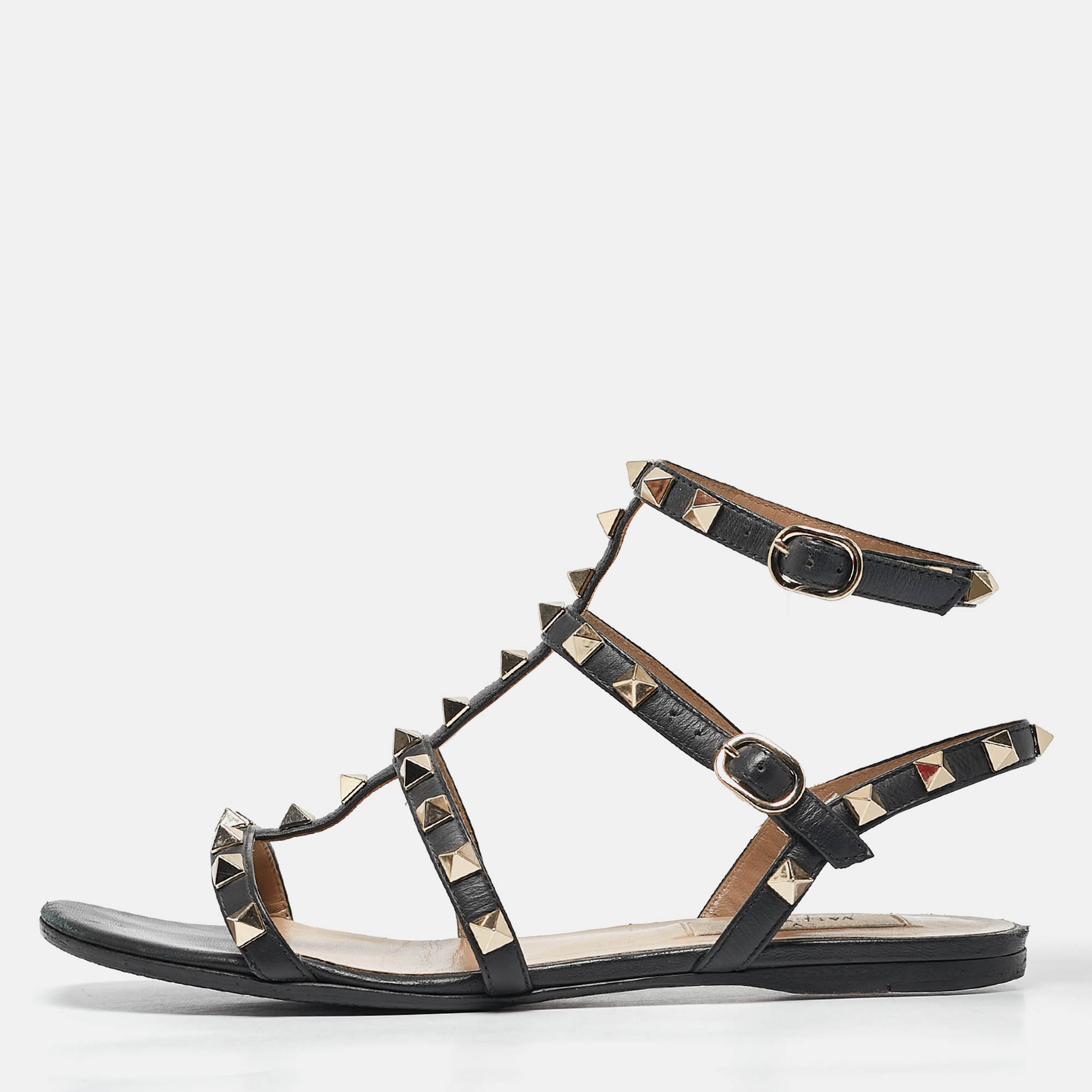 

Valentino Black Leather Rockstud Flat Sandals Size