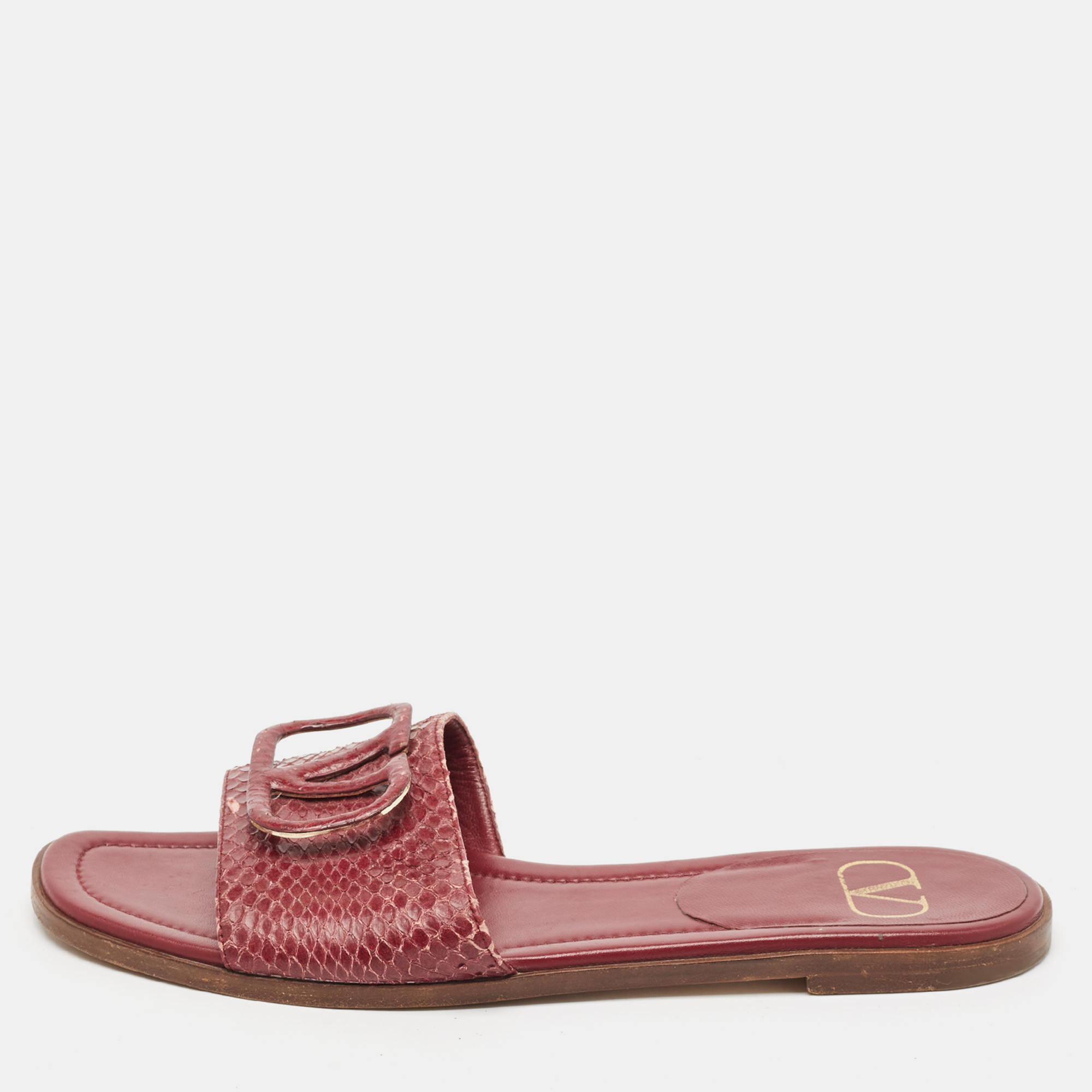 

Valentino Burgundy Python Leather Escape V logo Flat Slides Size