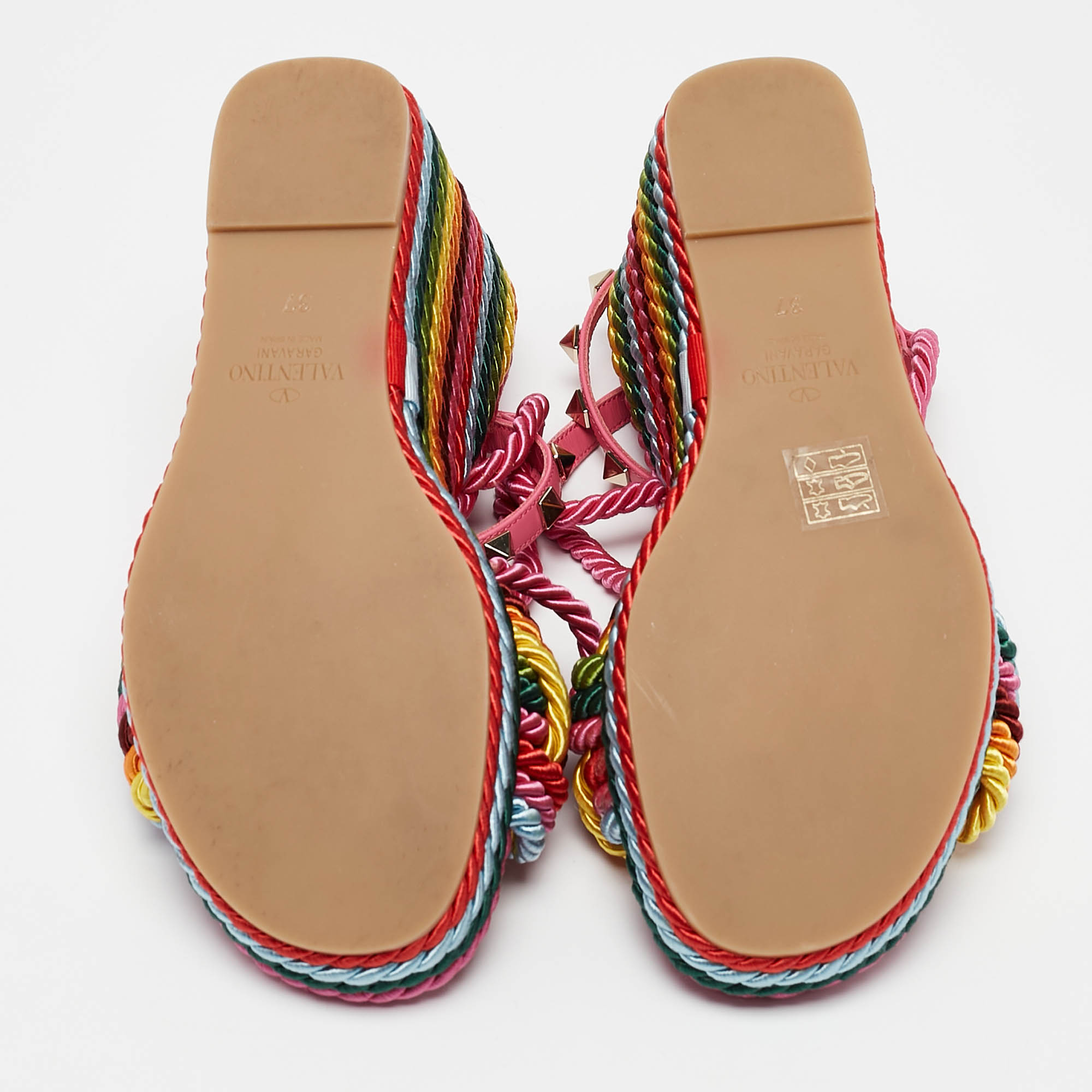 Valentino Multicolor Woven Fabric Rockstud Rainbow Wedge Sandals Size 37 