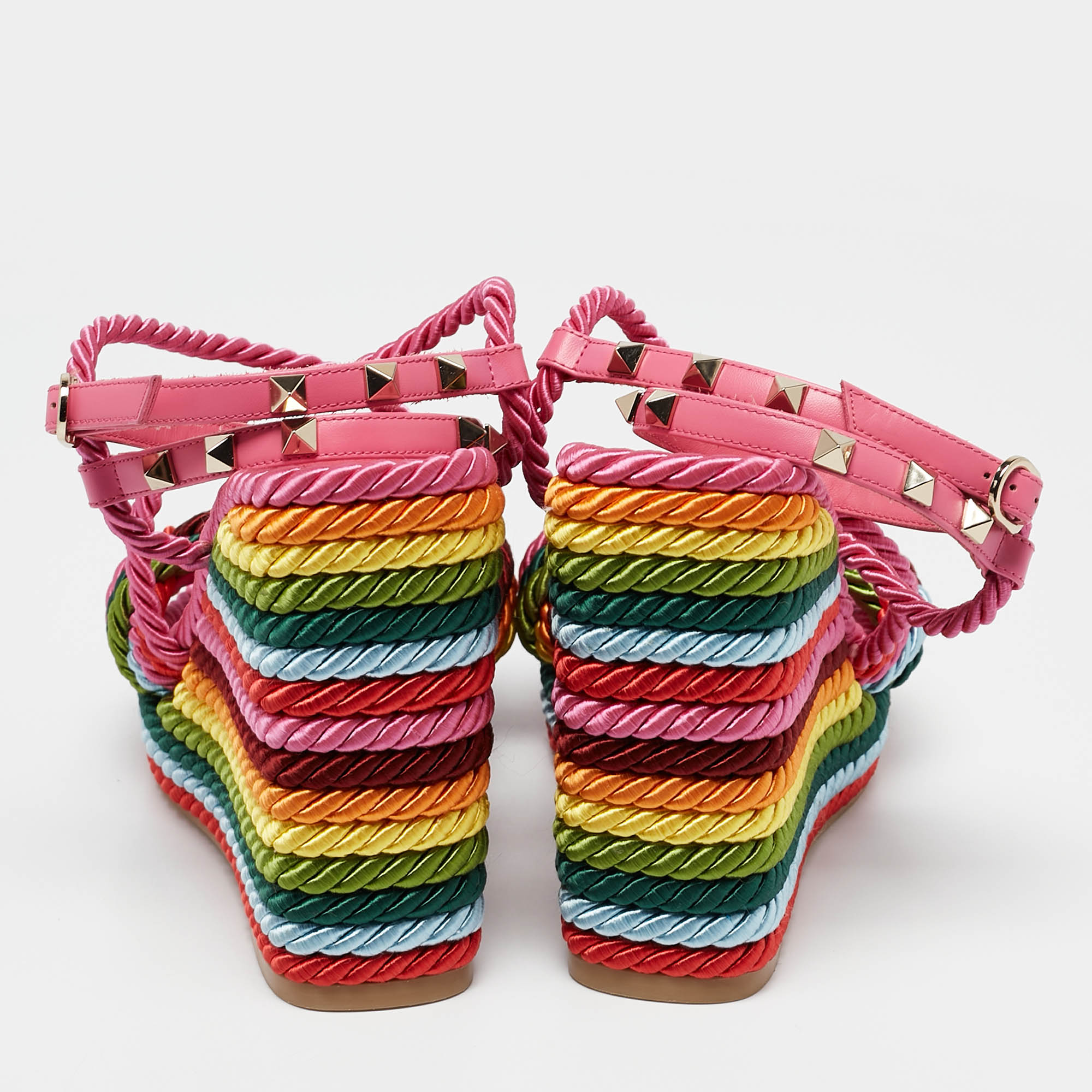 Valentino Multicolor Woven Fabric Rockstud Rainbow Wedge Sandals Size 37 