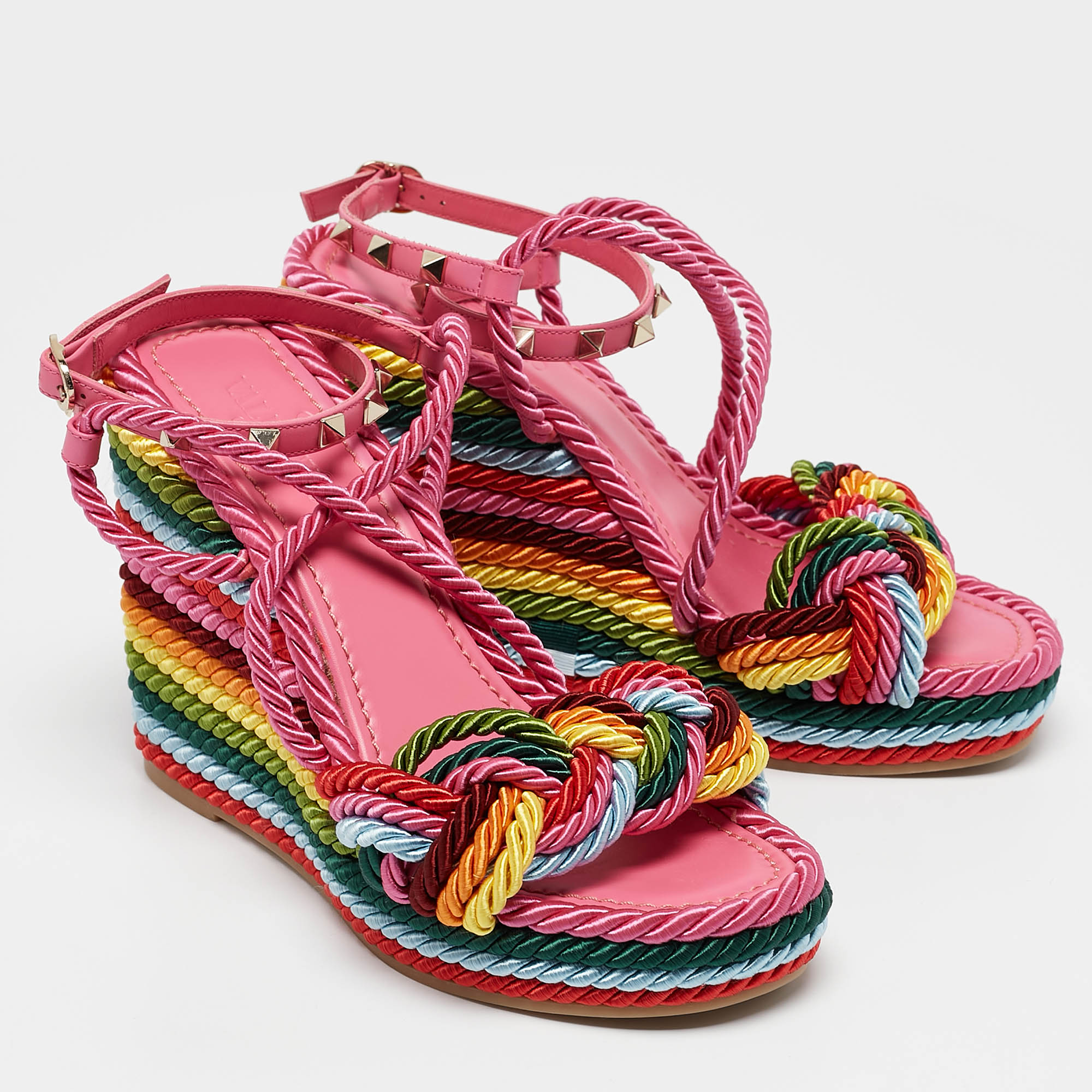 Valentino Multicolor Woven Fabric Rockstud Rainbow Wedge Sandals Size 37 