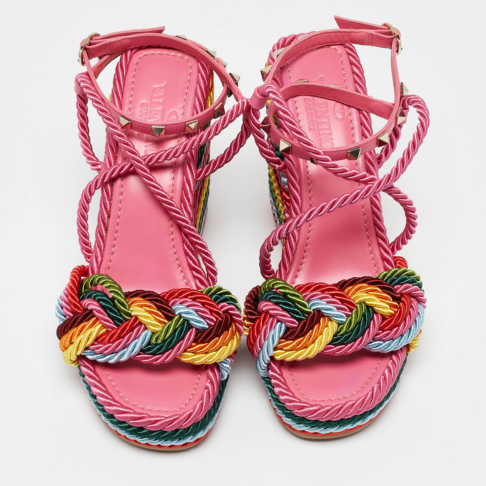 Valentino Multicolor Woven Fabric Rockstud Rainbow Wedge Sandals Size 37 