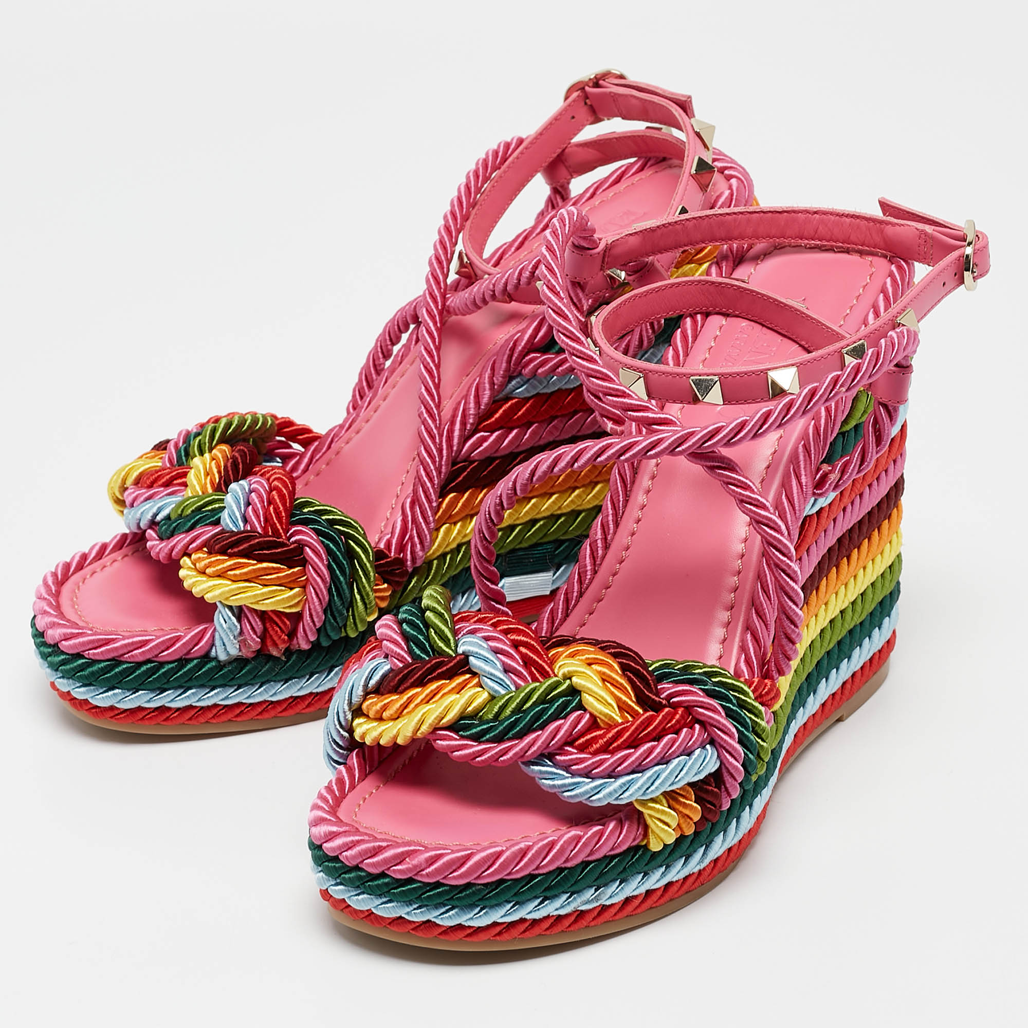 Valentino Multicolor Woven Fabric Rockstud Rainbow Wedge Sandals Size 37 