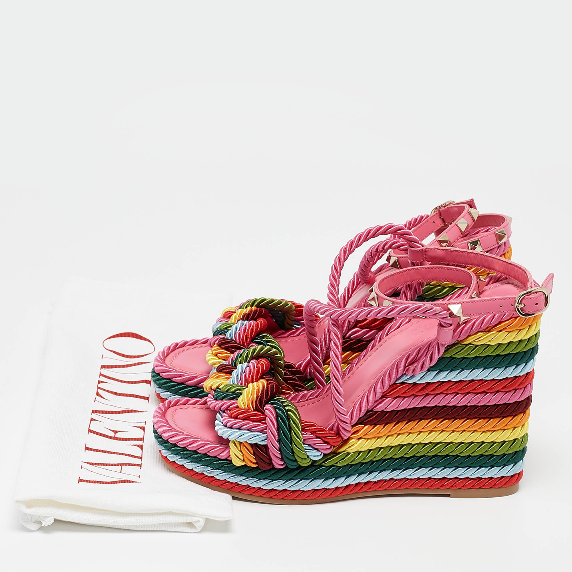 Valentino Multicolor Woven Fabric Rockstud Rainbow Wedge Sandals Size 37 