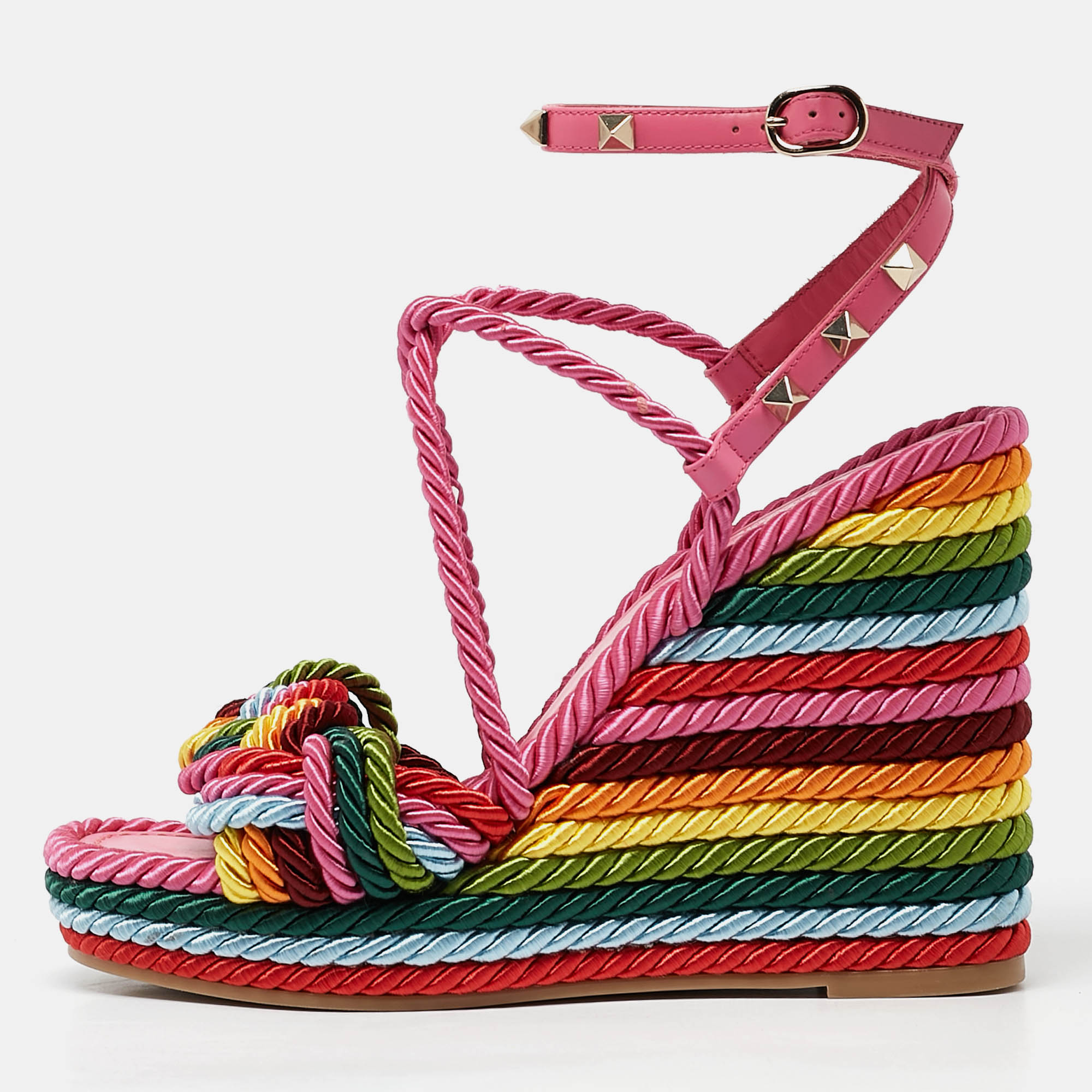 

Valentino Multicolor Woven Fabric Rockstud Rainbow Wedge Sandals Size