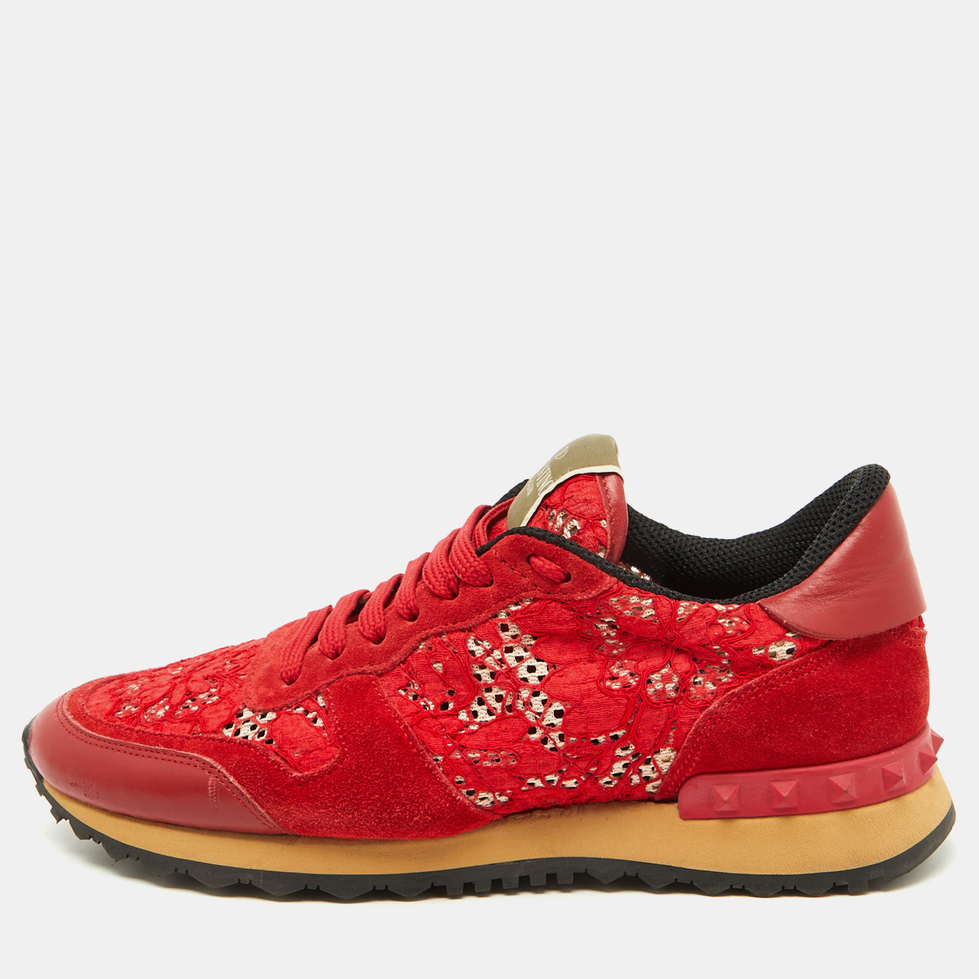 

Valentino Red Suede and Lace Rockrunner Low Top Sneakers Size