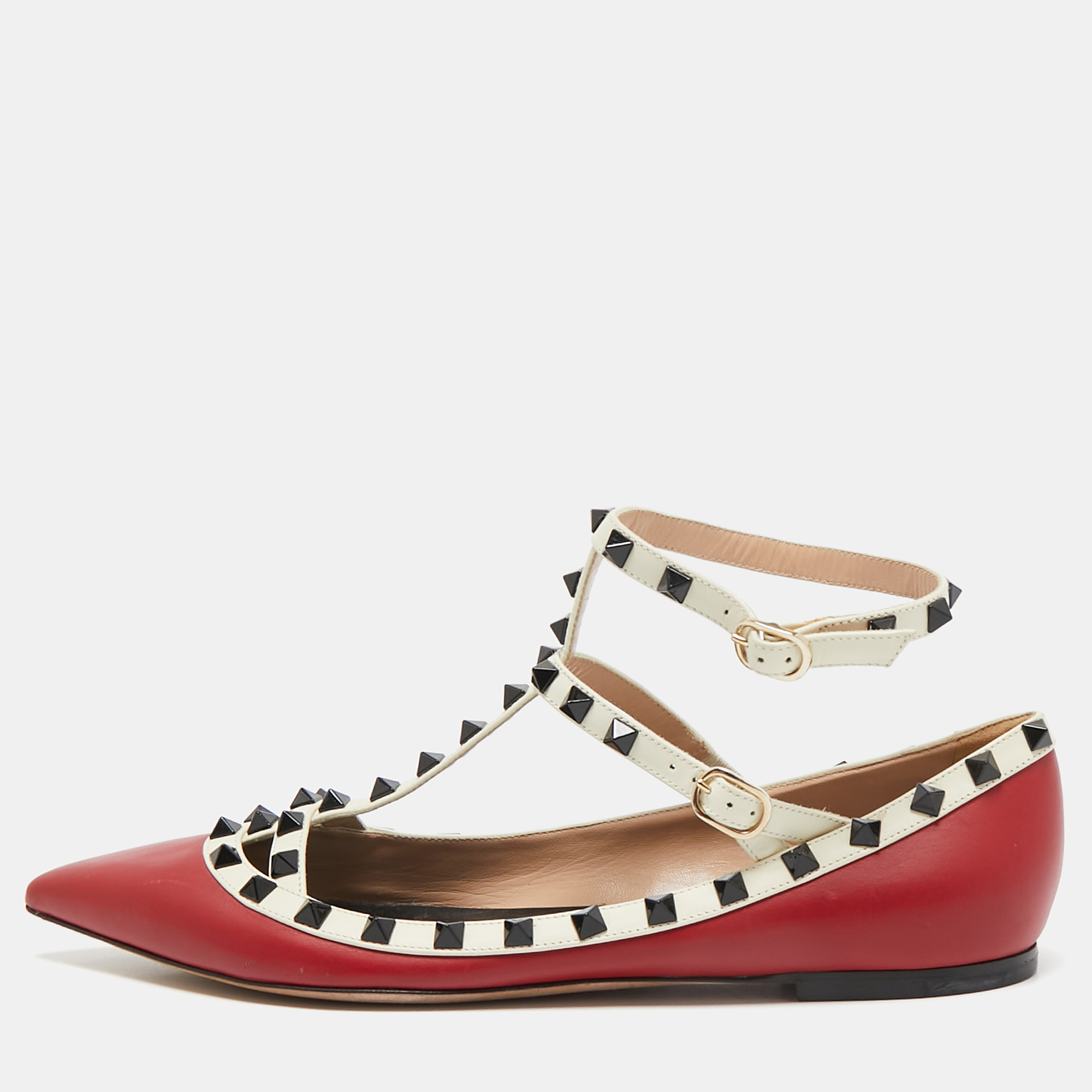 

Valentino Red/White Leather Rockstud Ankle Strap Ballet Flats Size