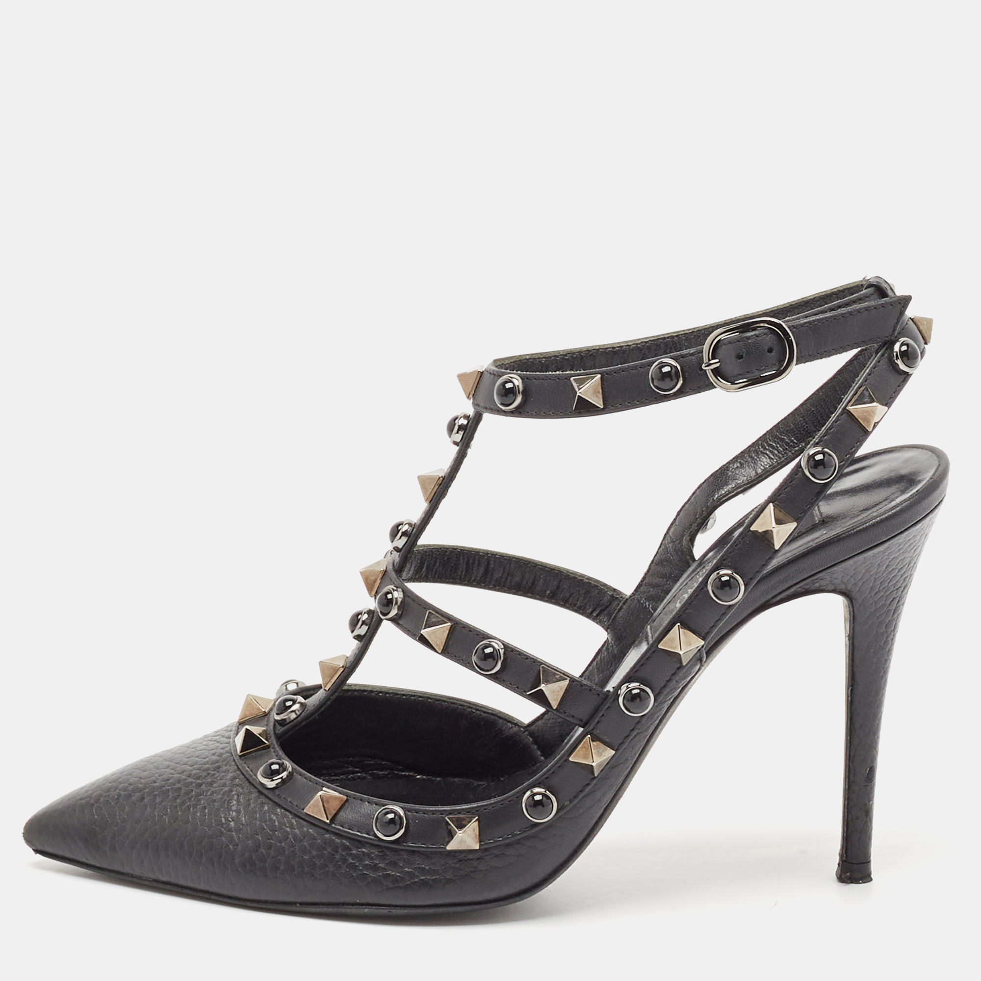 

Valentino Black Leather Rockstud Ankle Strap Pumps Size