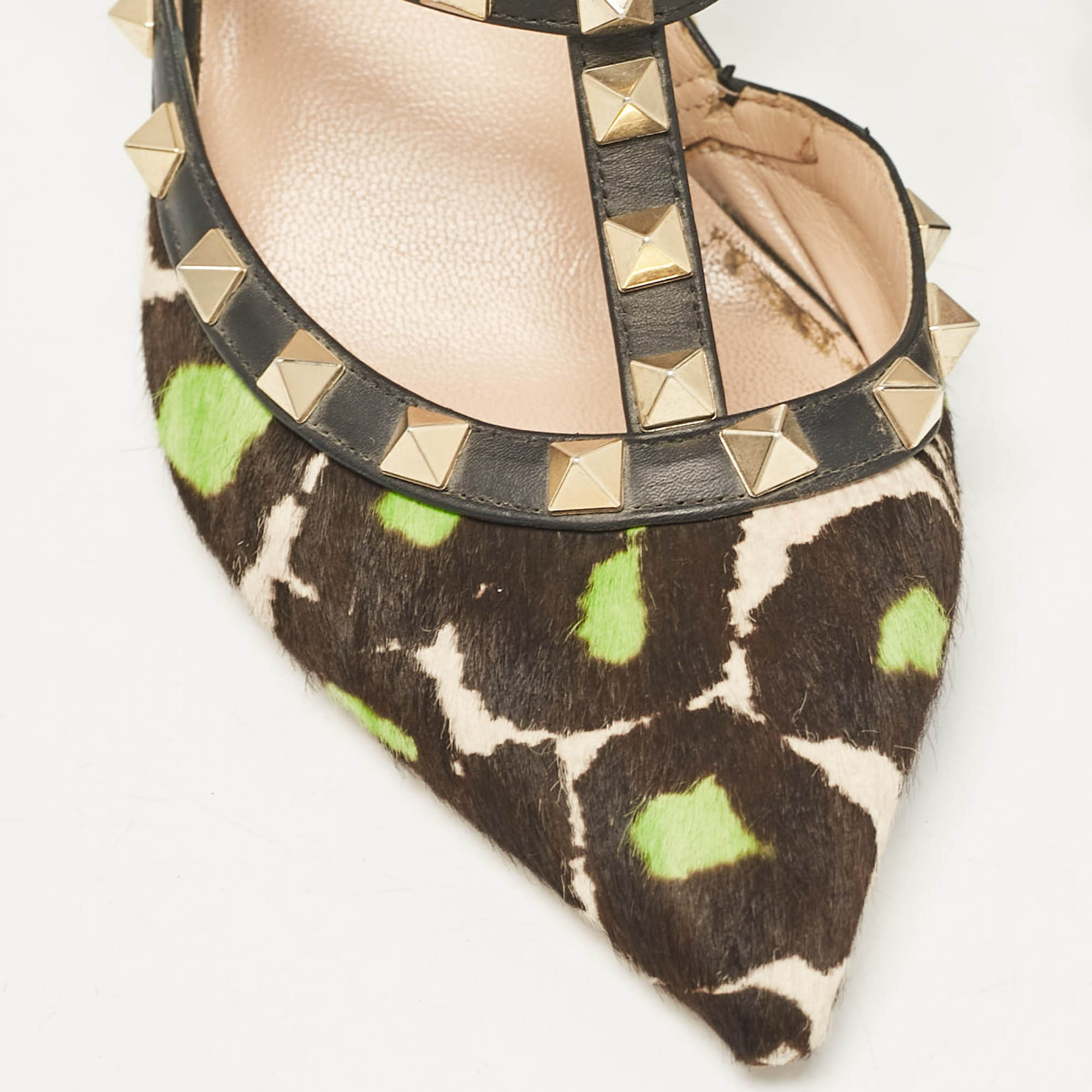 Valentino Multicolor Calf Hair and Leather Rockstud Ankle Strap Pumps Size 37.5 