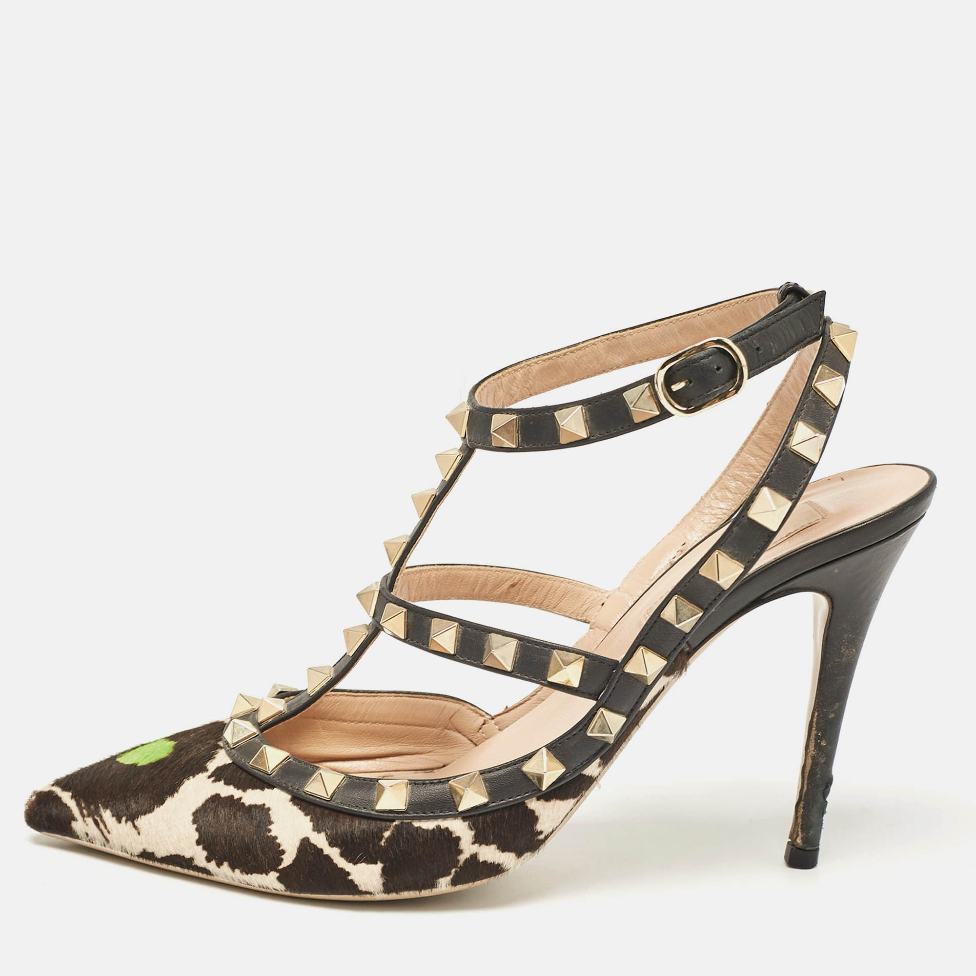 

Valentino Multicolor Calf Hair and Leather Rockstud Ankle Strap Pumps Size