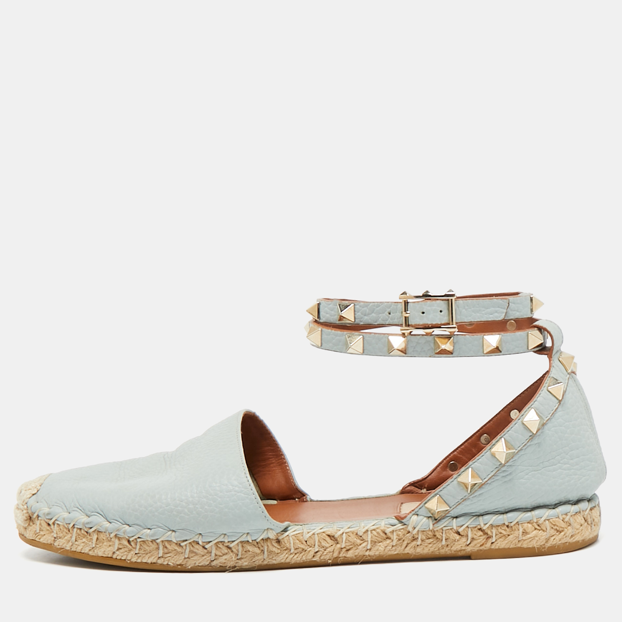 

Valentino Grey Leather Rockstud Espadrille Flats Size