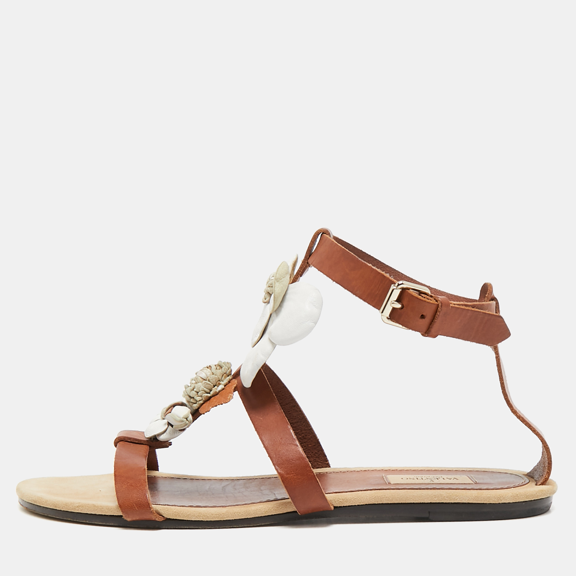 

Valentino Brown Leather Flower and Leaf Strappy Flat Sandals Size