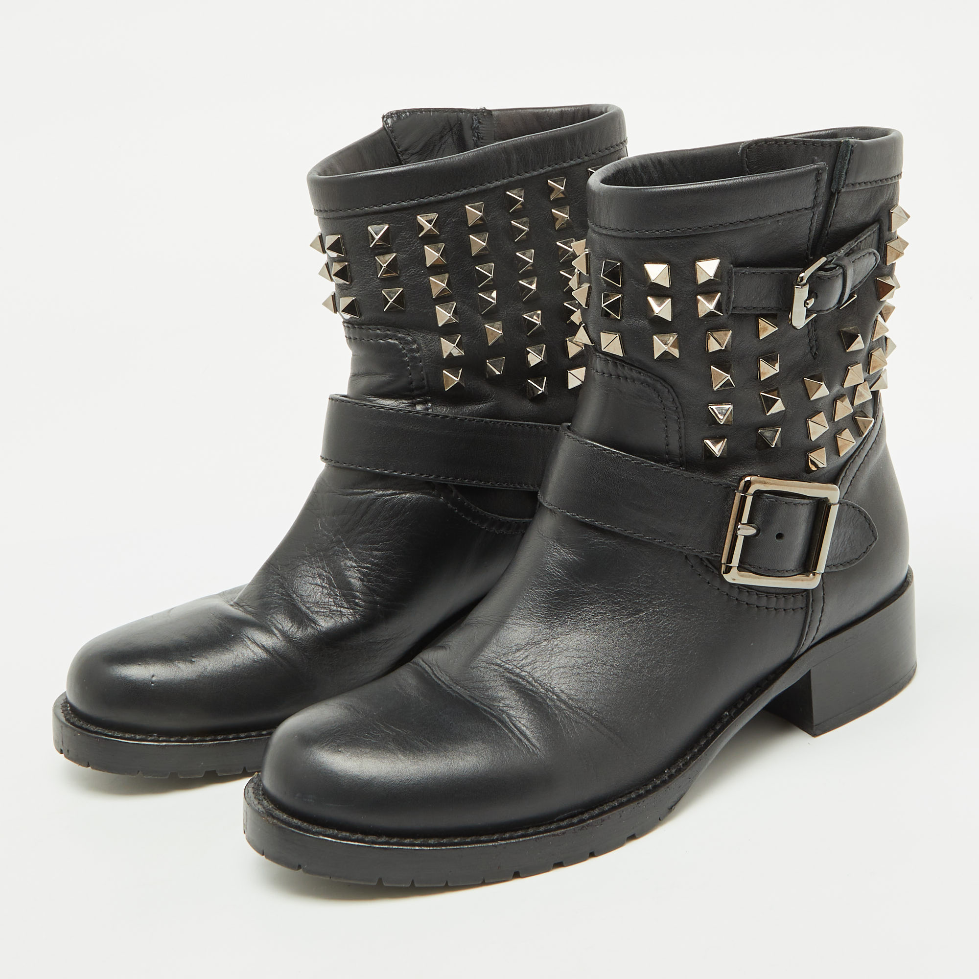 Valentino Black Leather Rockstud Ankle Length Boots Size 38 
