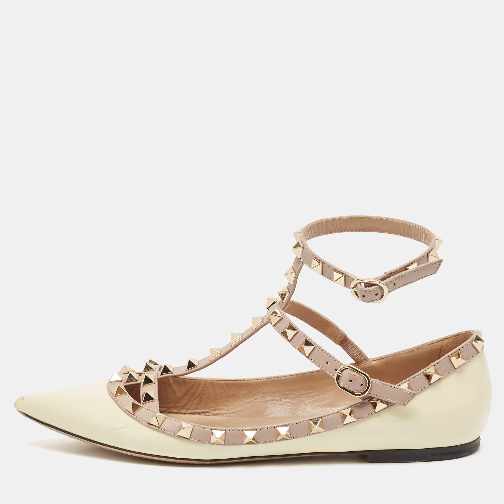 

Valentino Cream/Beige Patent Leather Rockstud Ankle Strap Ballet Flats Size