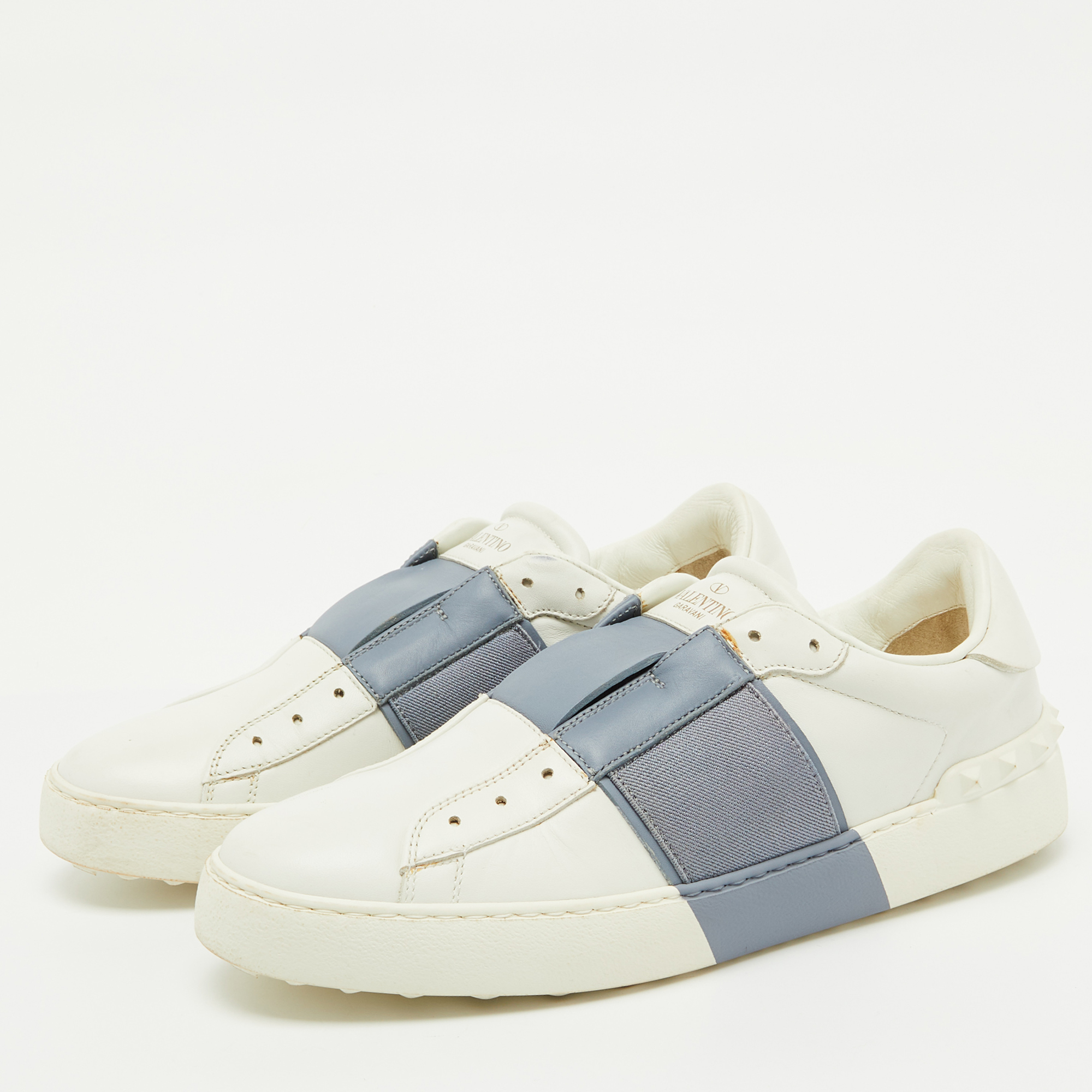Valentino White/Blue Leather Rockstud Slip On Sneakers Size 40 