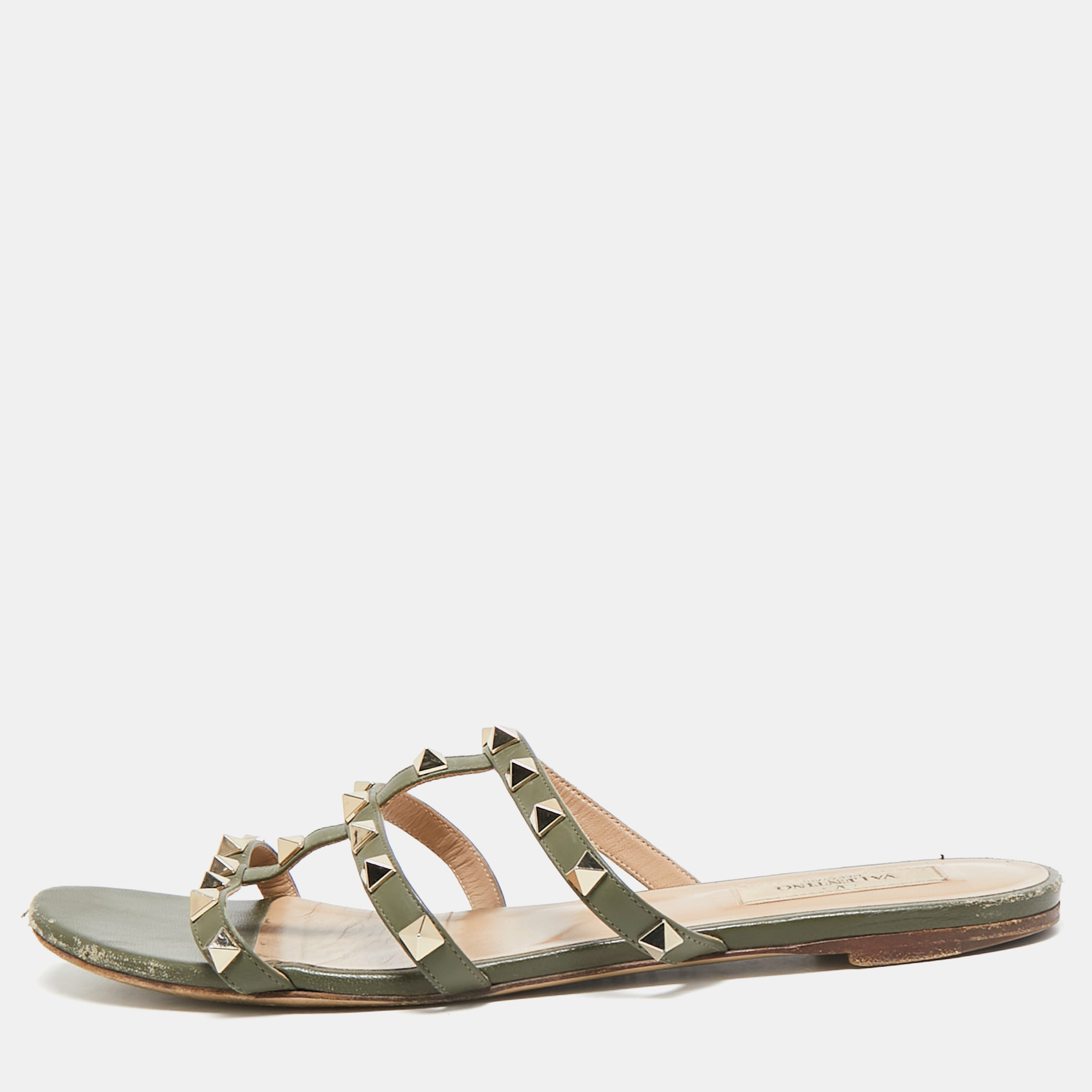 

Valentino Green Leather Rockstud Flat Slides Size