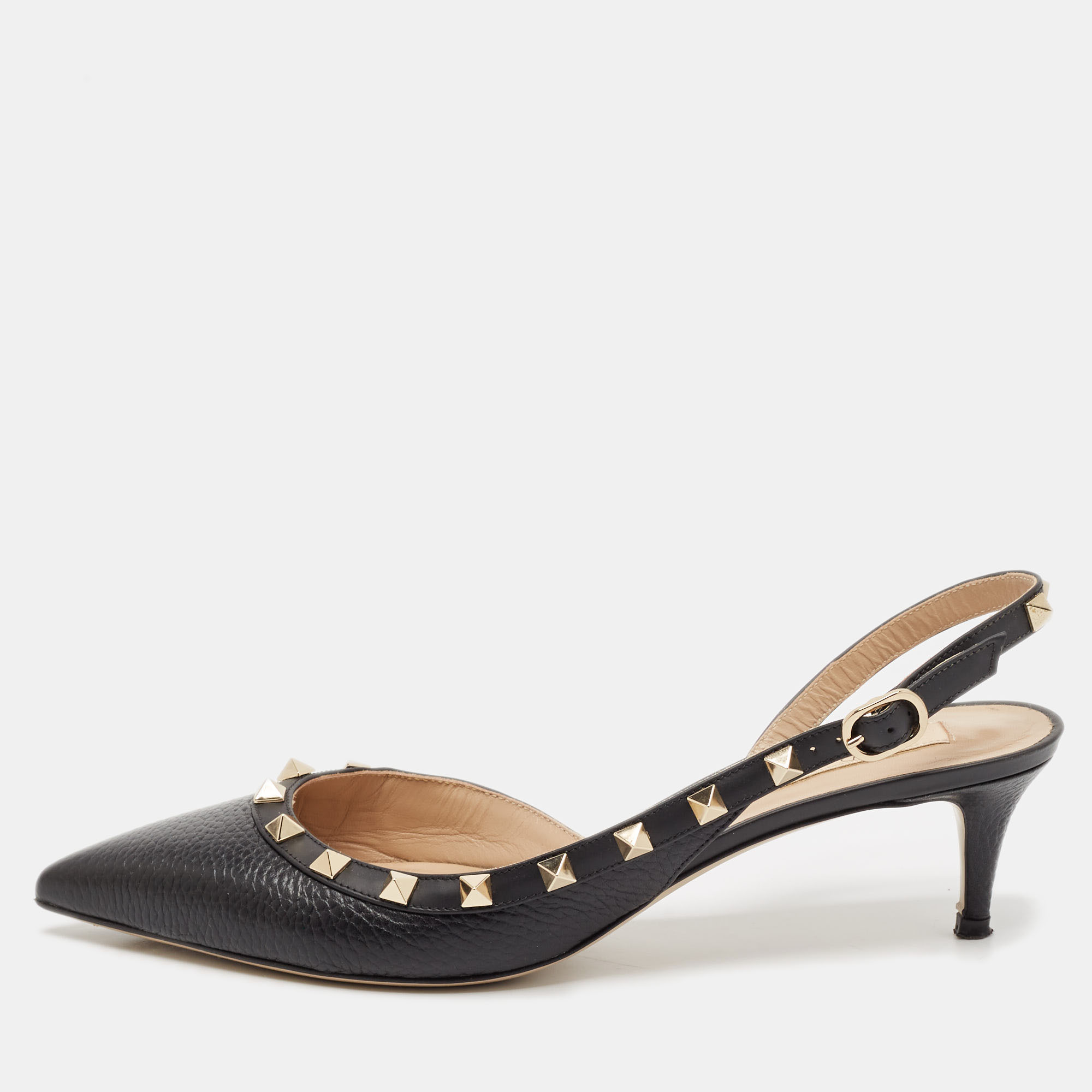 

Valentino Black Leather Rockstud Slingback Pumps Size