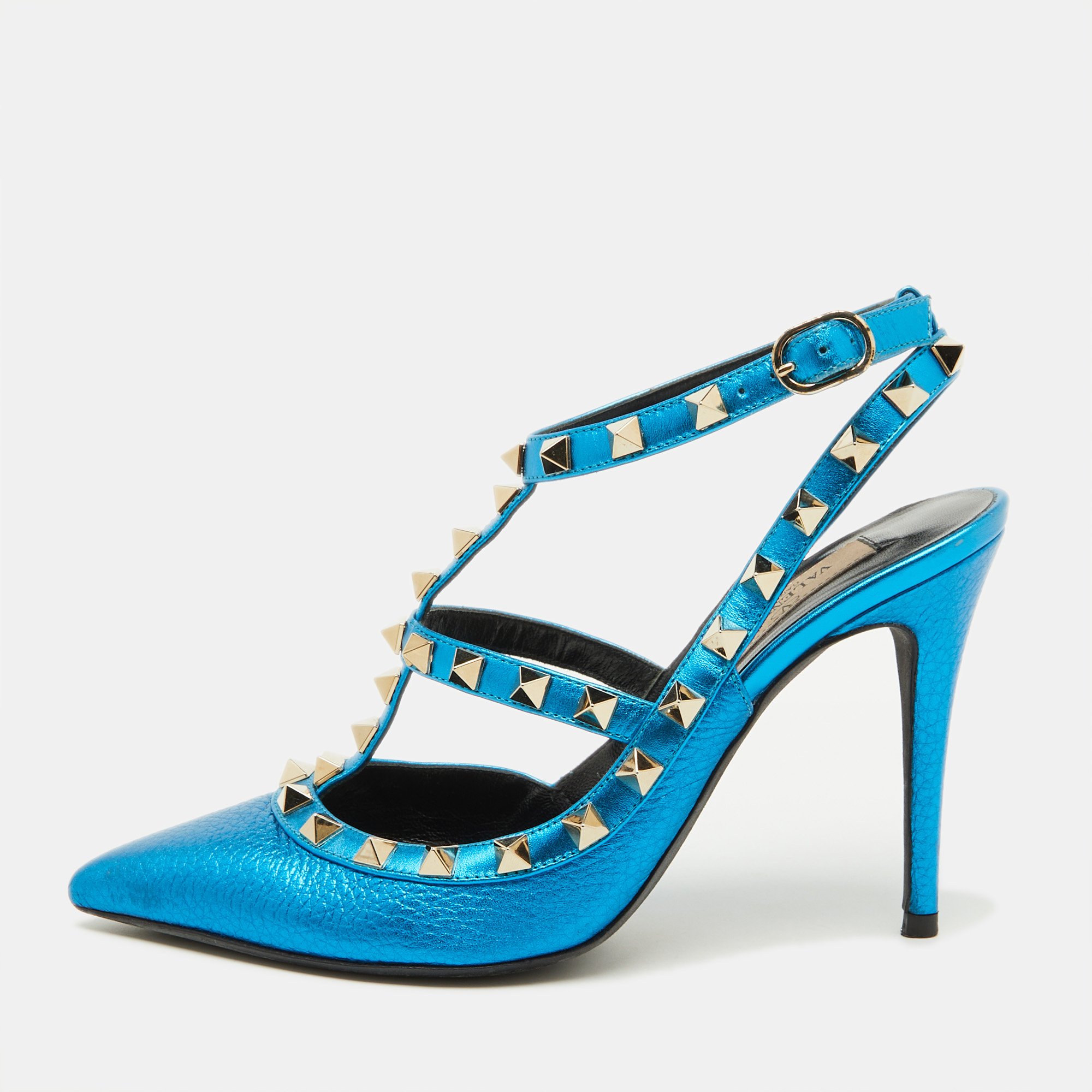 

Valentino Metallic Blue Leather Rockstud Ankle Strap Pumps Size