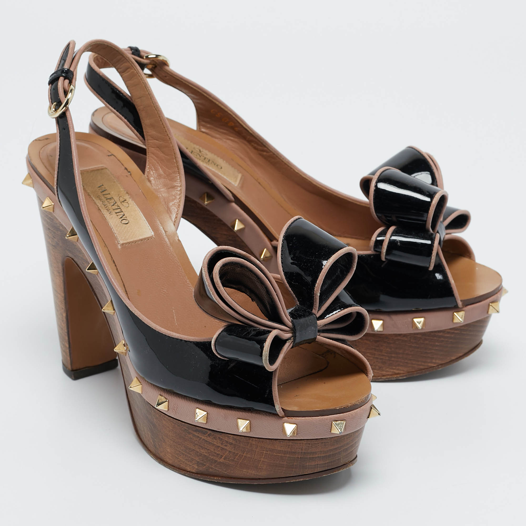Valentino Black/Beige Patent Bow Ankle Strap Sandals Size 38 