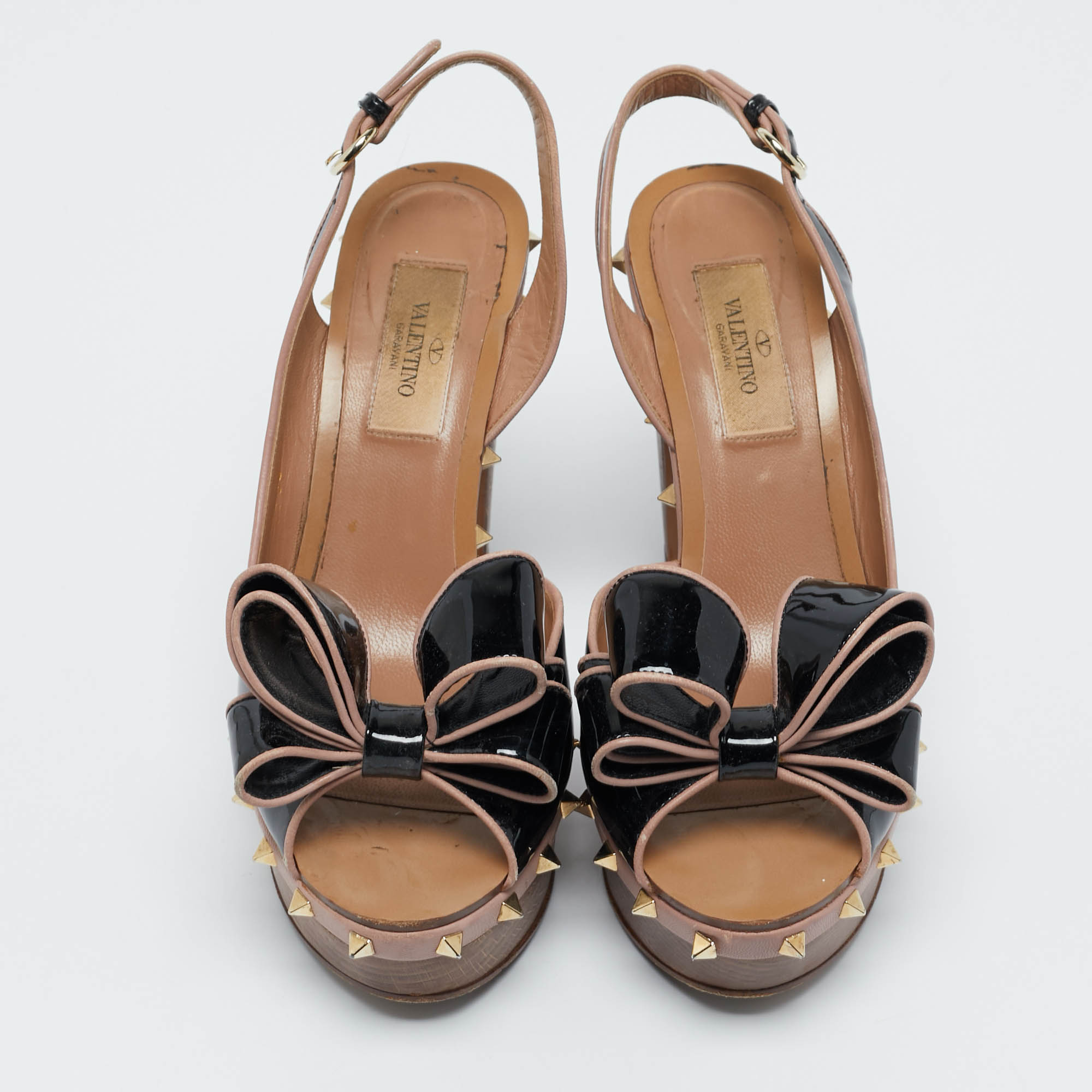 Valentino Black/Beige Patent Bow Ankle Strap Sandals Size 38 