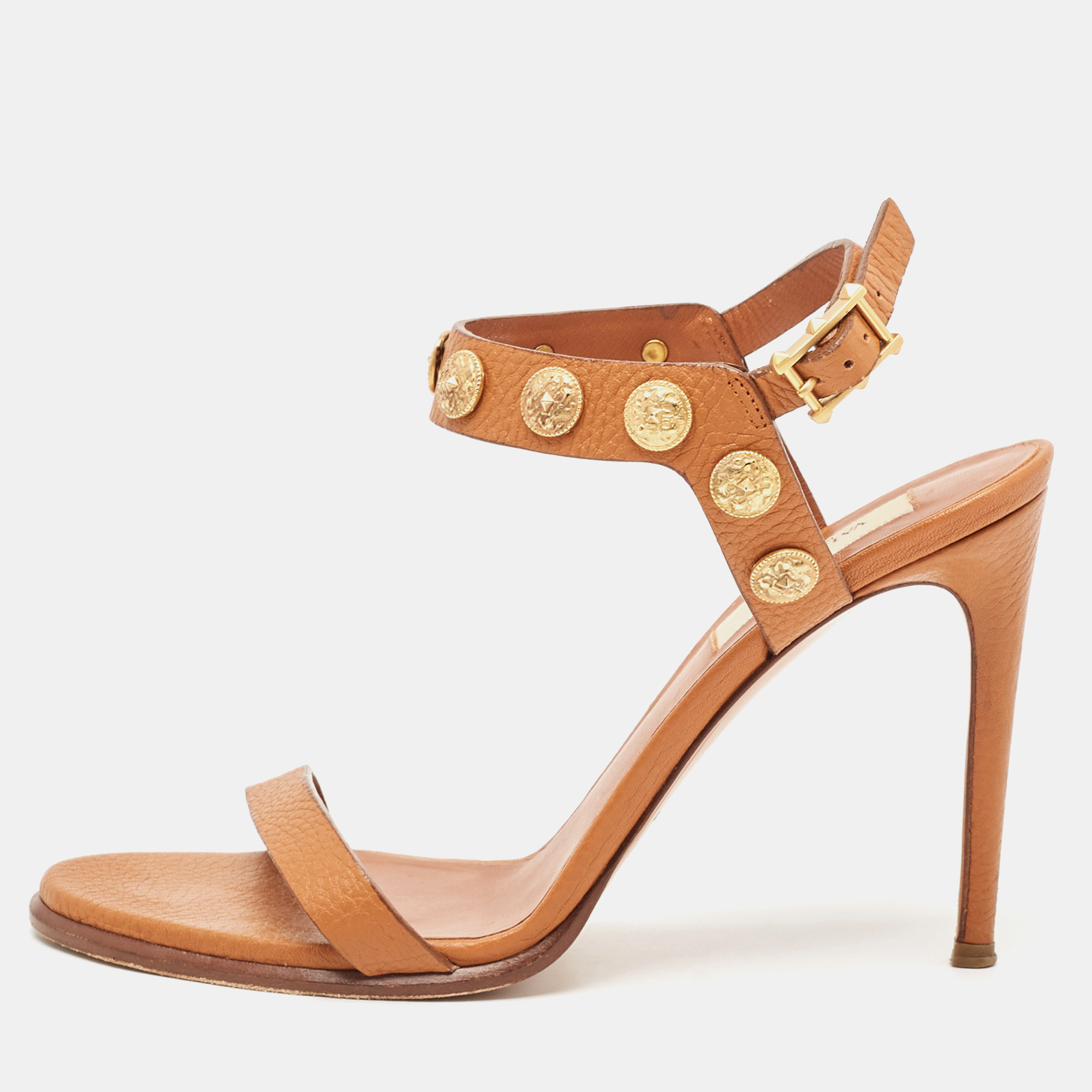 

Valentino Tan Leather Studded Coin Ankle Strap Sandals Size