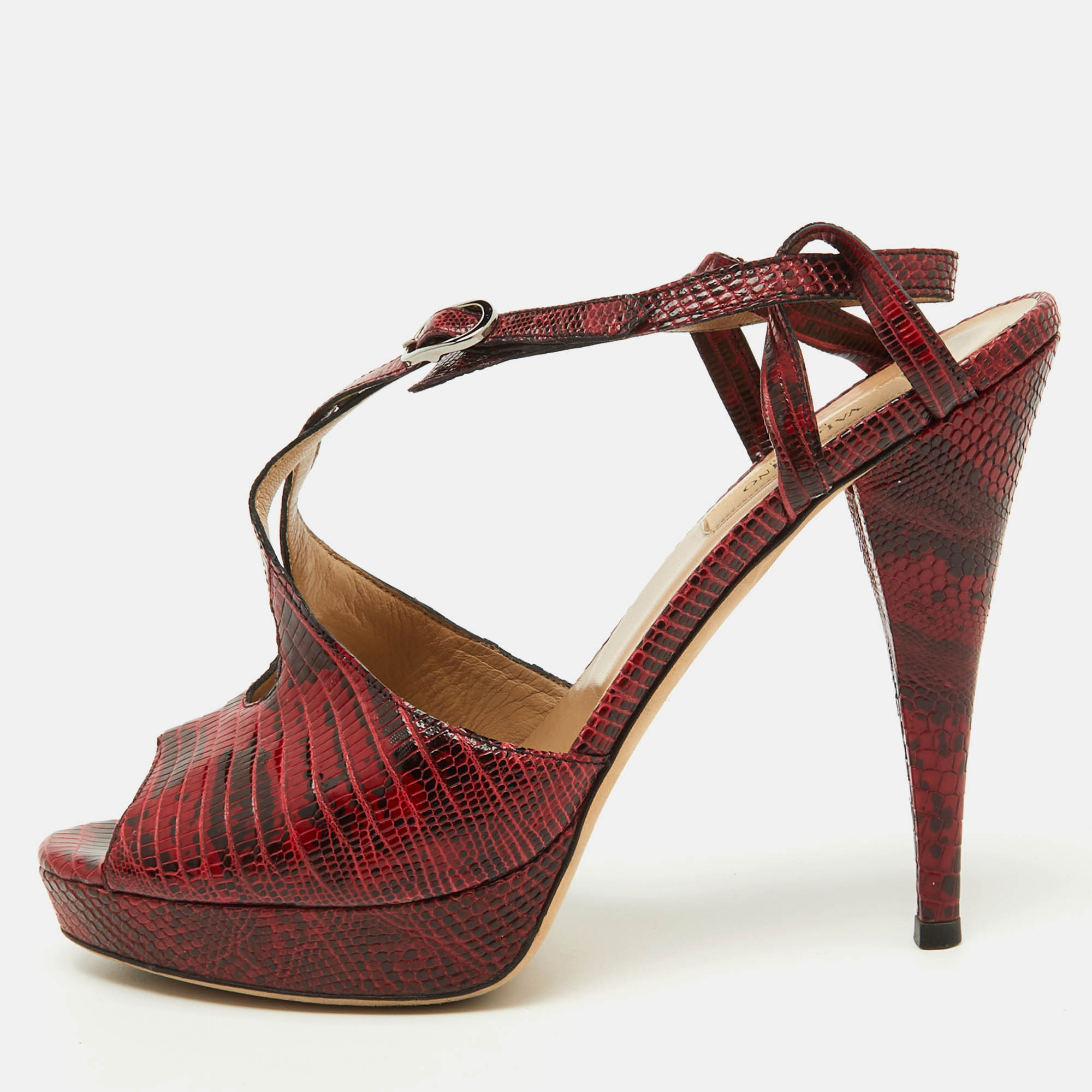 

Valentino Red/Black Lizard Leather Ankle Strap Platform Sandals Size