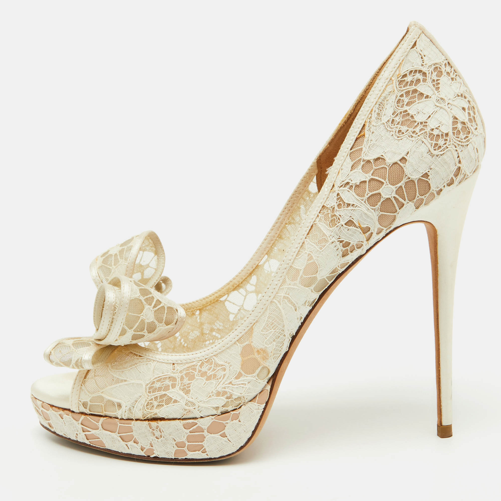 

Valentino White Lace and Satin Double Bow Platform Pumps Size