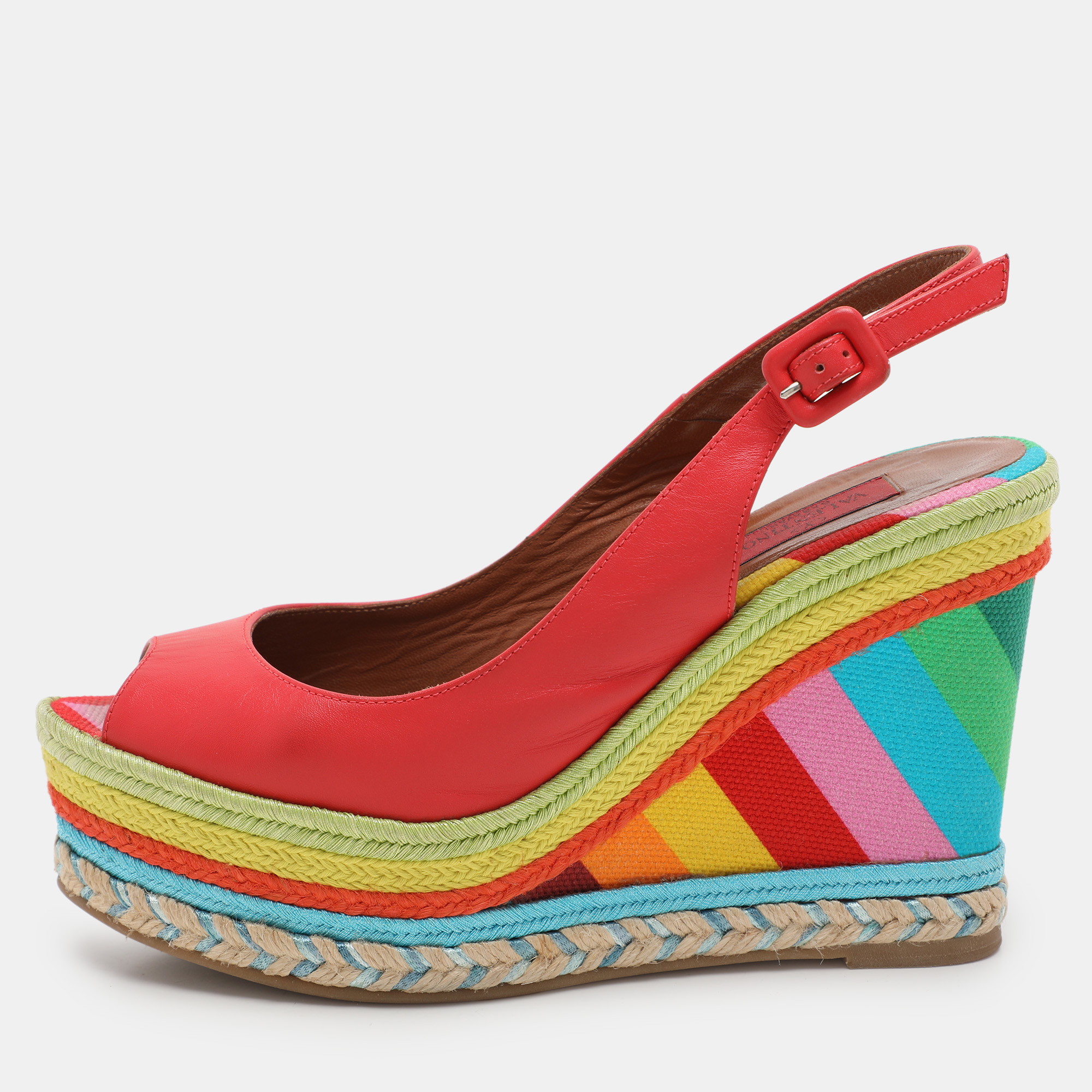 

Valentino Red Leather Peep Toe Slingback Rainbow Wedge Sandals Size 38.5