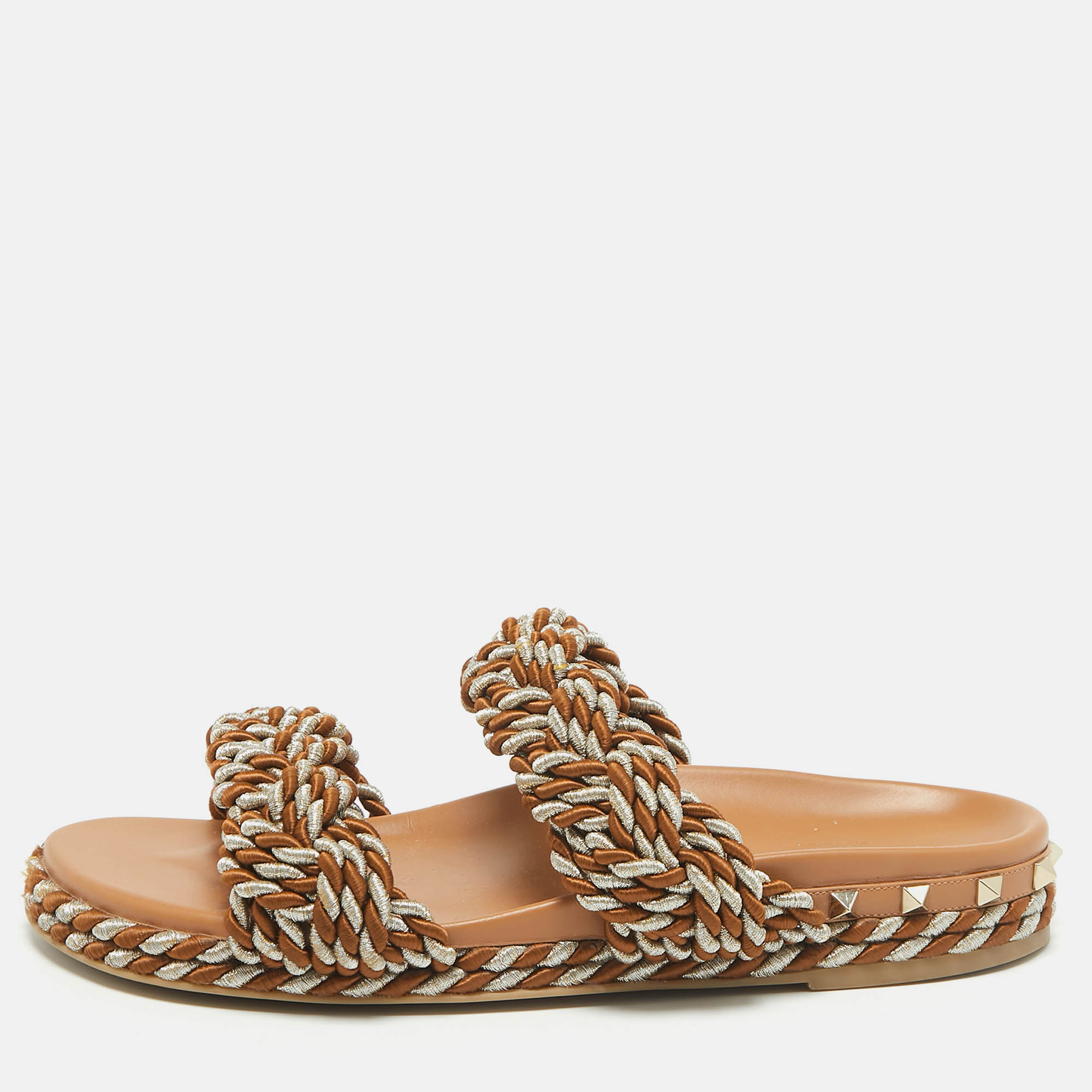 

Valentino Brown Leather and Rope Rockstud Flat Sandals Size