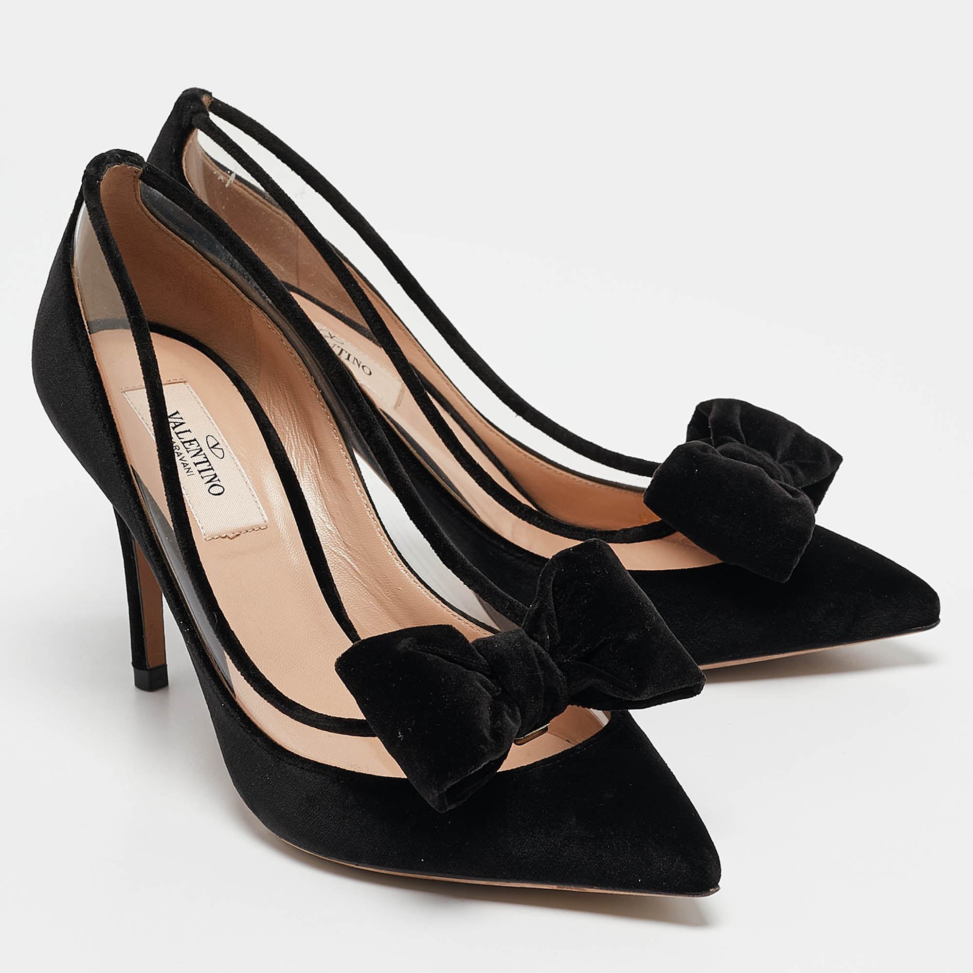 Valentino Black Velvet and PVC Bow Pointed Pumps Size 36.5 