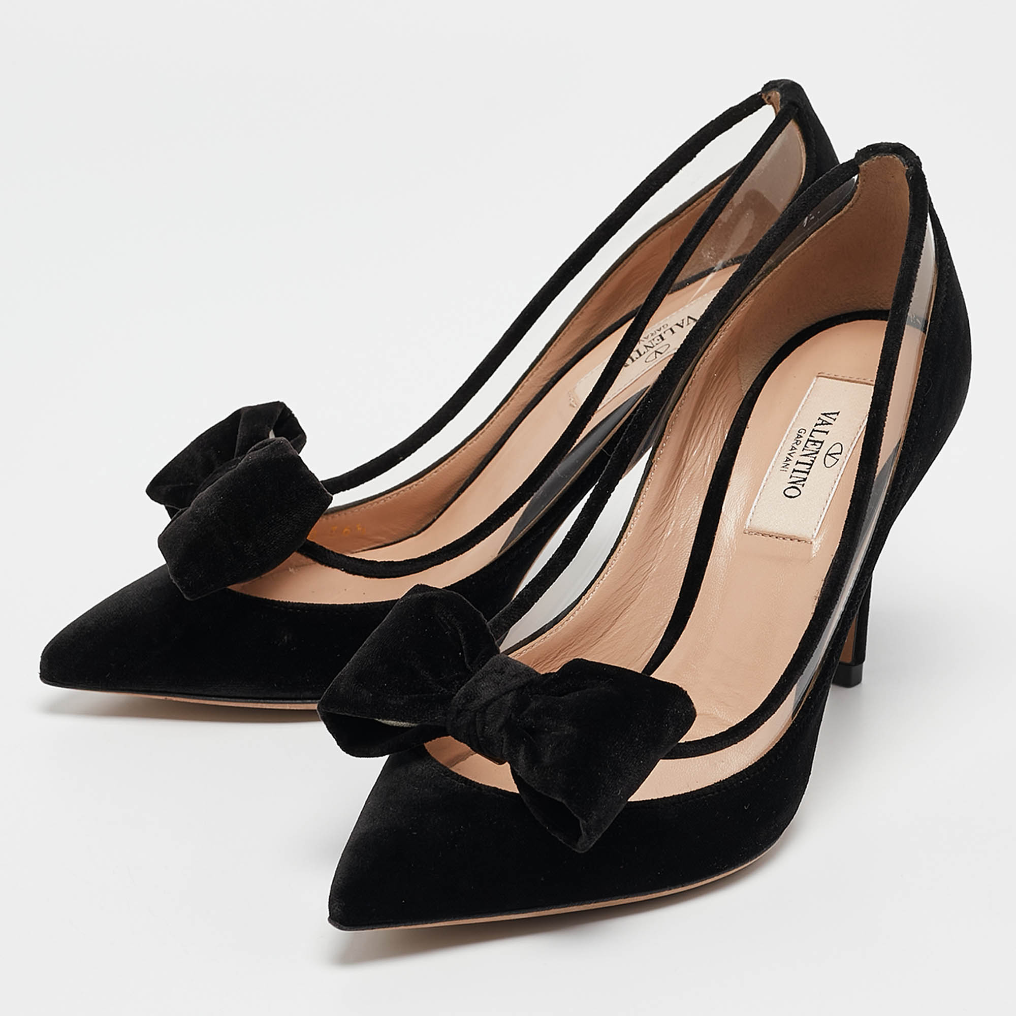 Valentino Black Velvet and PVC Bow Pointed Pumps Size 36.5 