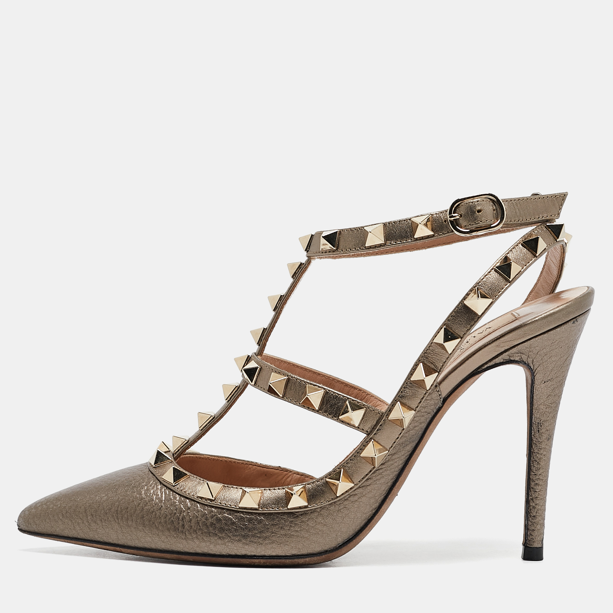 

Valentino Metallic Leather Rockstud Ankle Strap Pumps Size