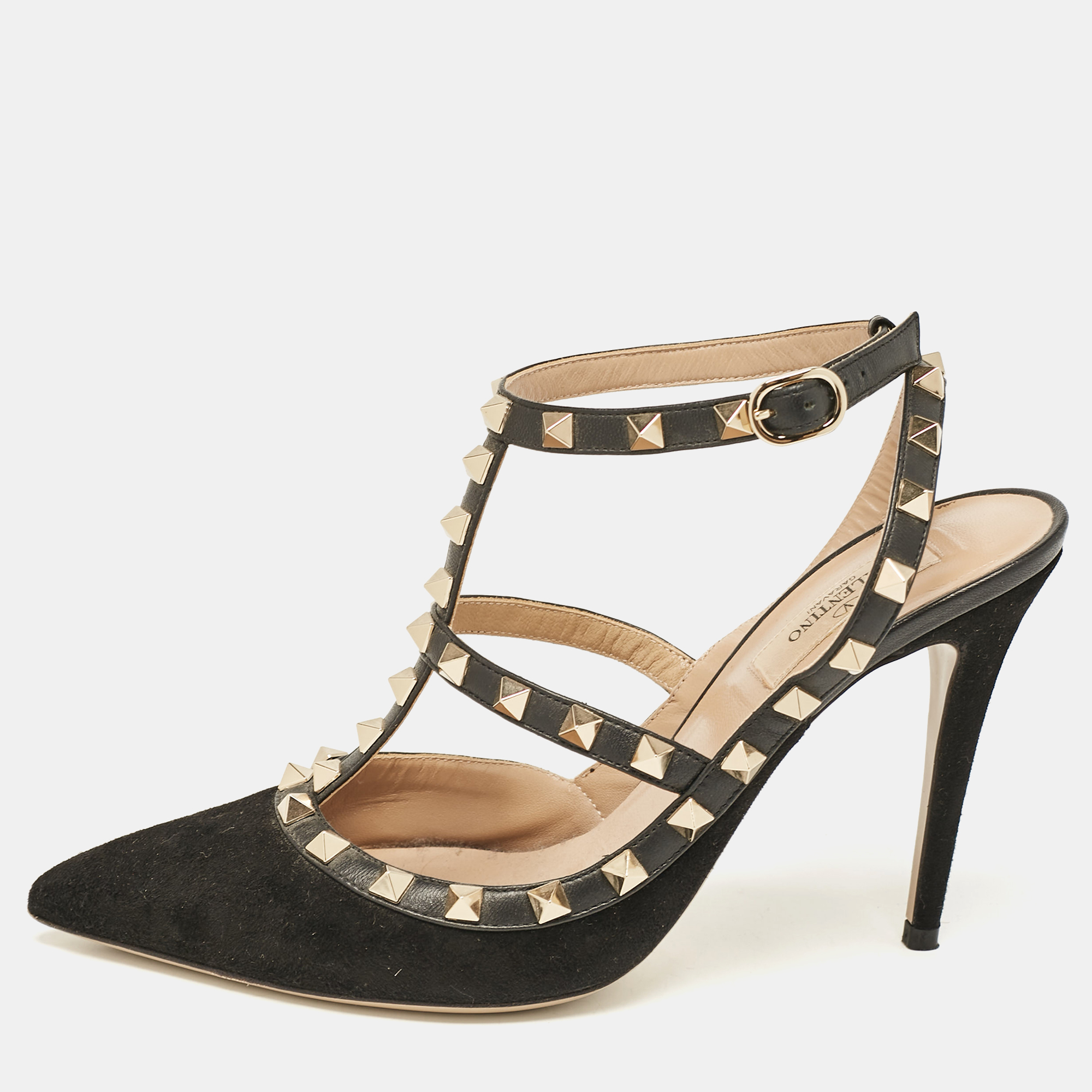 

Valentino Black Suede and Leather Rockstud Ankle Strap Pumps Size