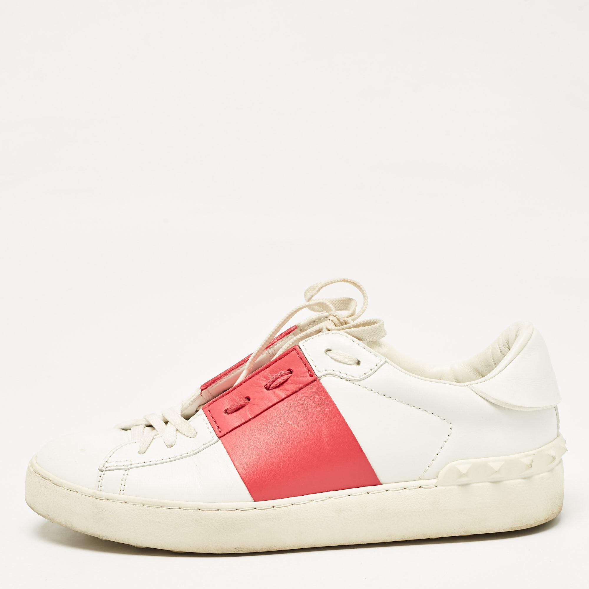 

Valentino White/Red Leather Rockstud Lace Up Sneakers Size