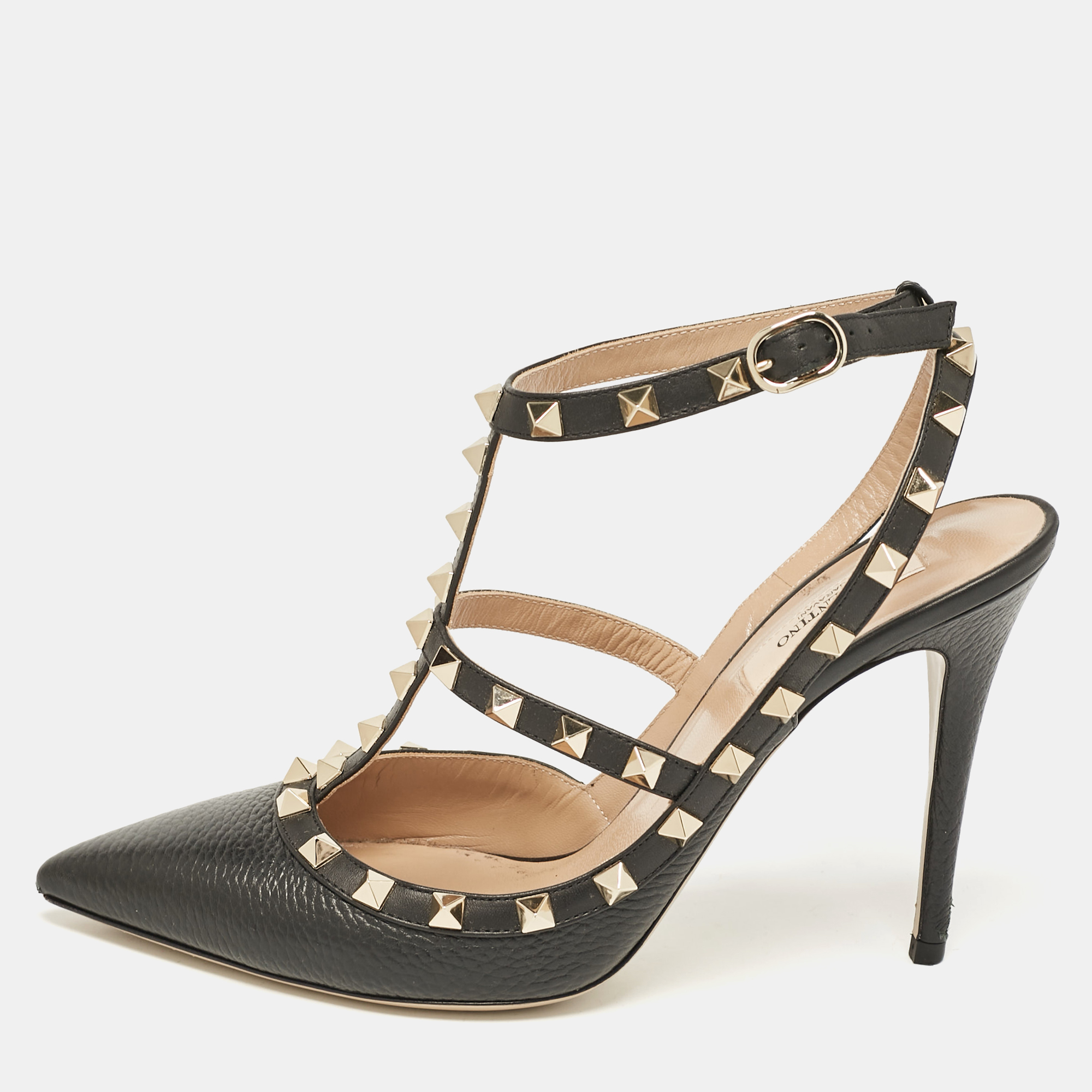 

Valentino Black Leather Rockstud Ankle Strap Cage Sandals Size