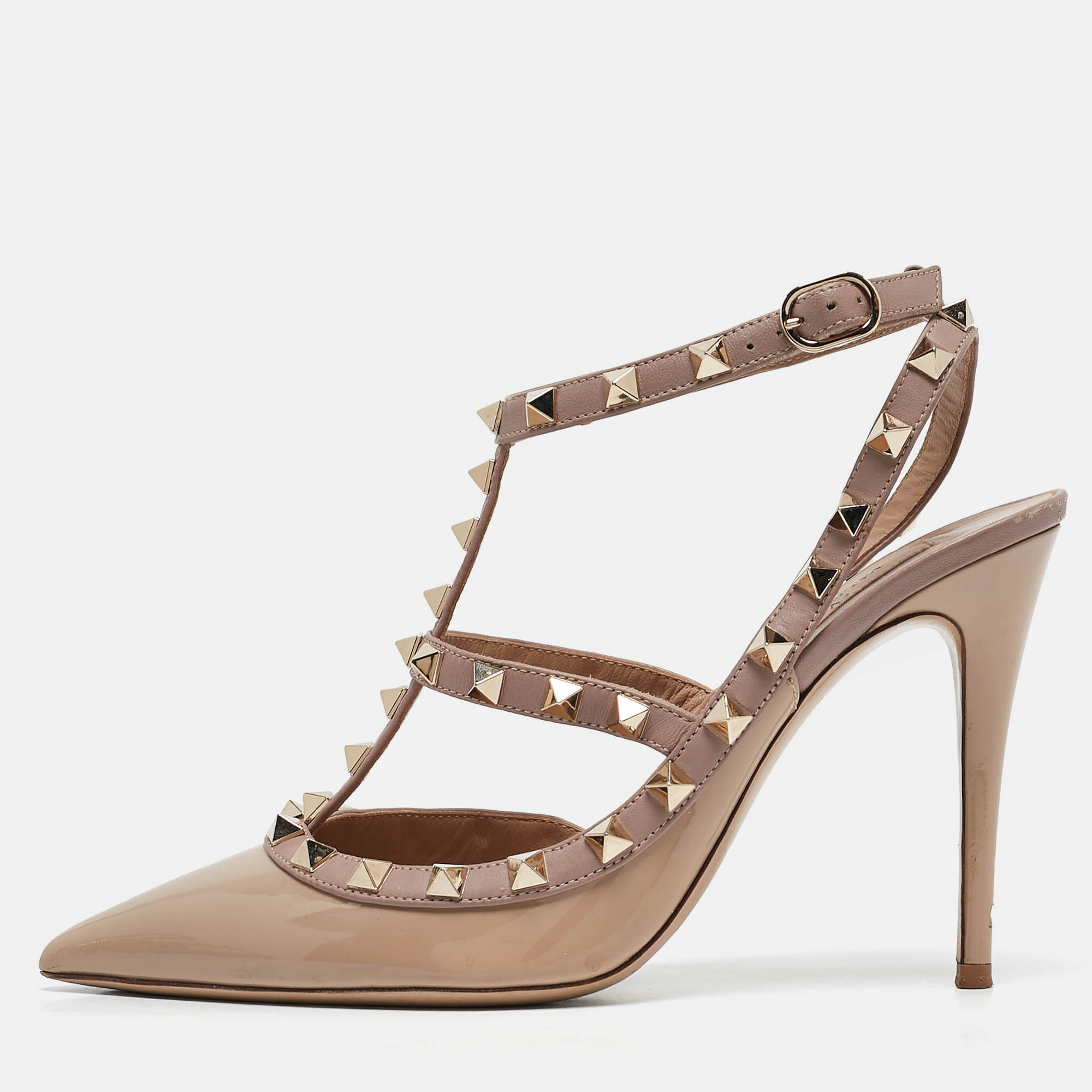 

Valentino Beige Patent And Leather Rockstud Ankle Strap Pumps Size