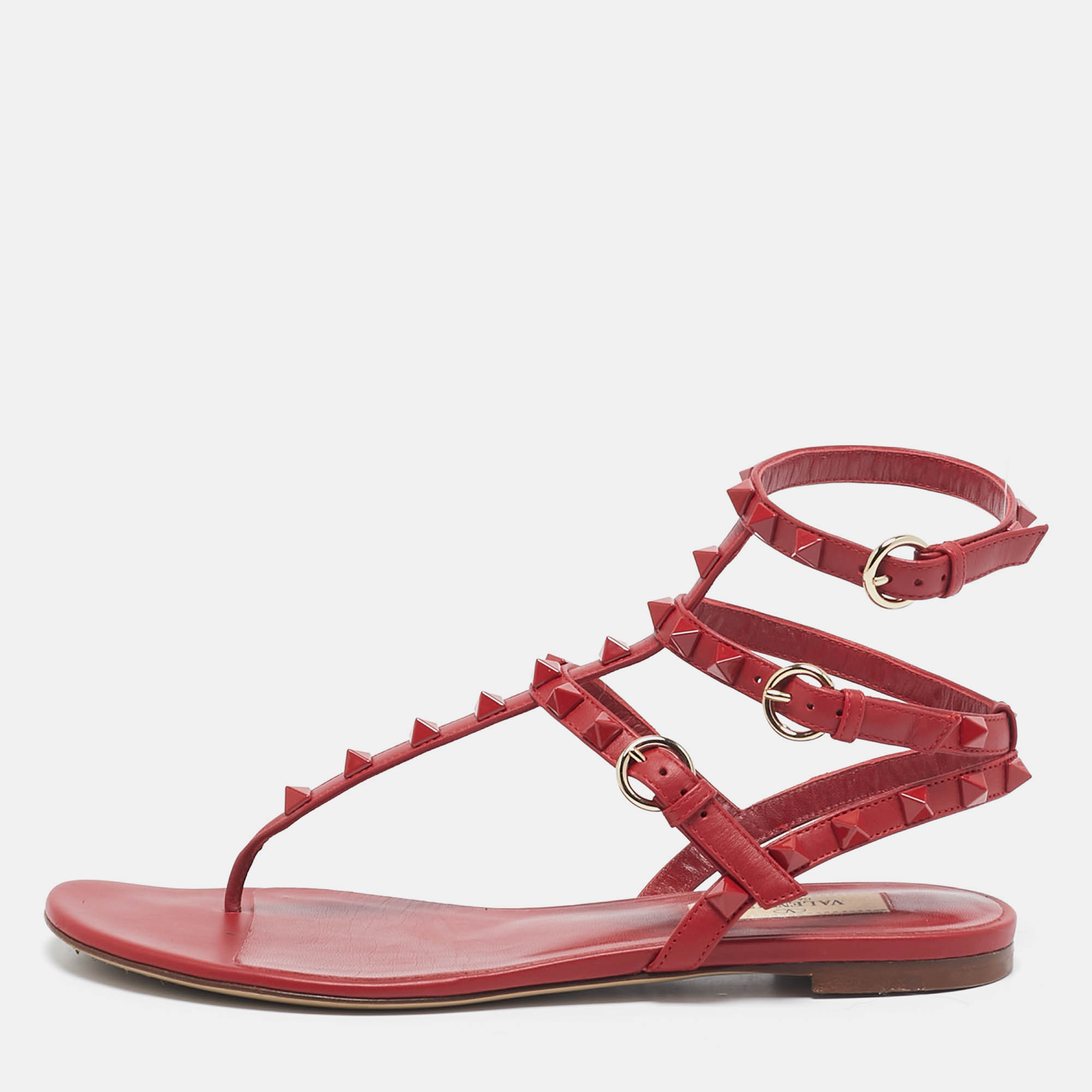 

Valentino Red Leather Rockstud Flat Sandals Size