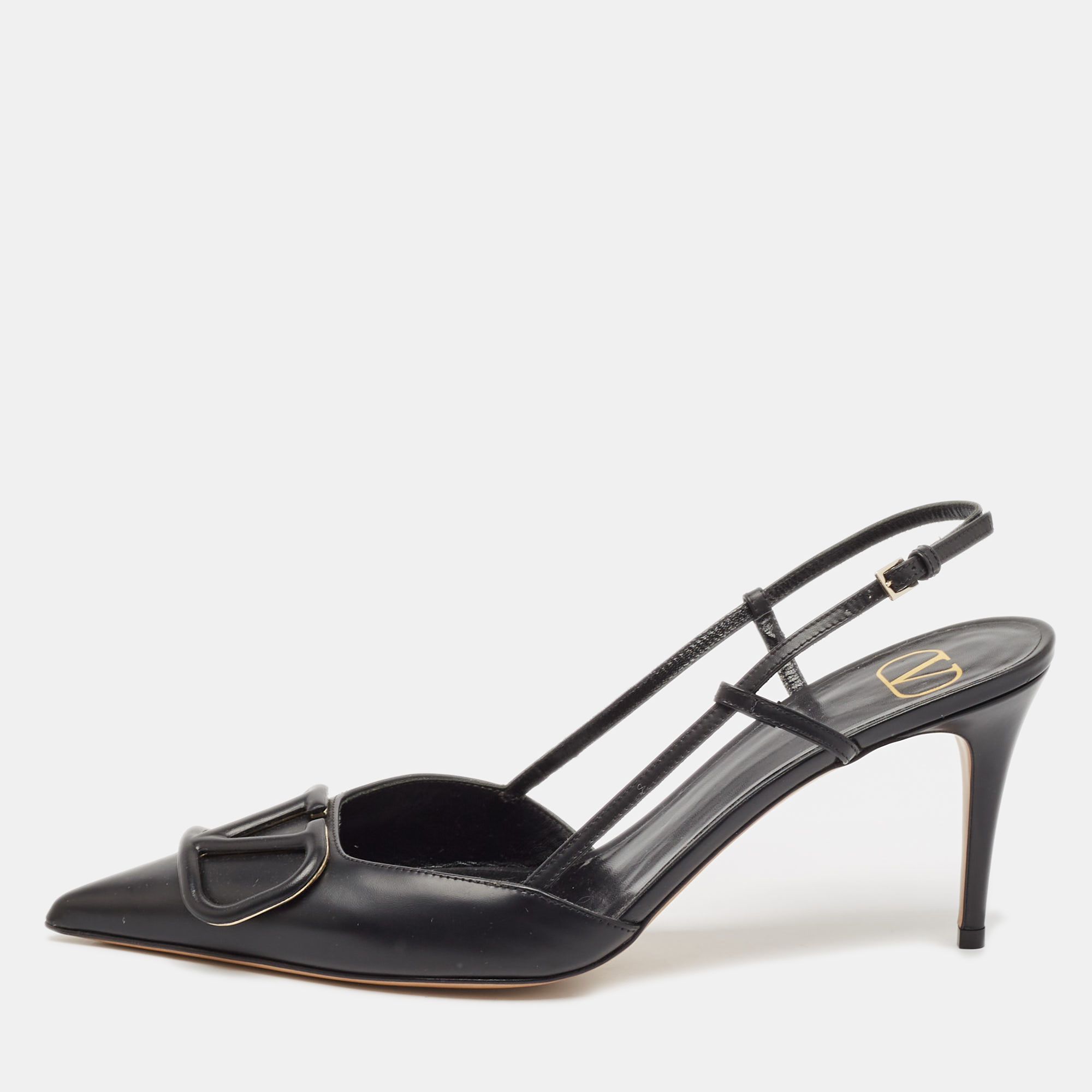 

Valentino Black Leather Escape V logo Slingback Pumps Size