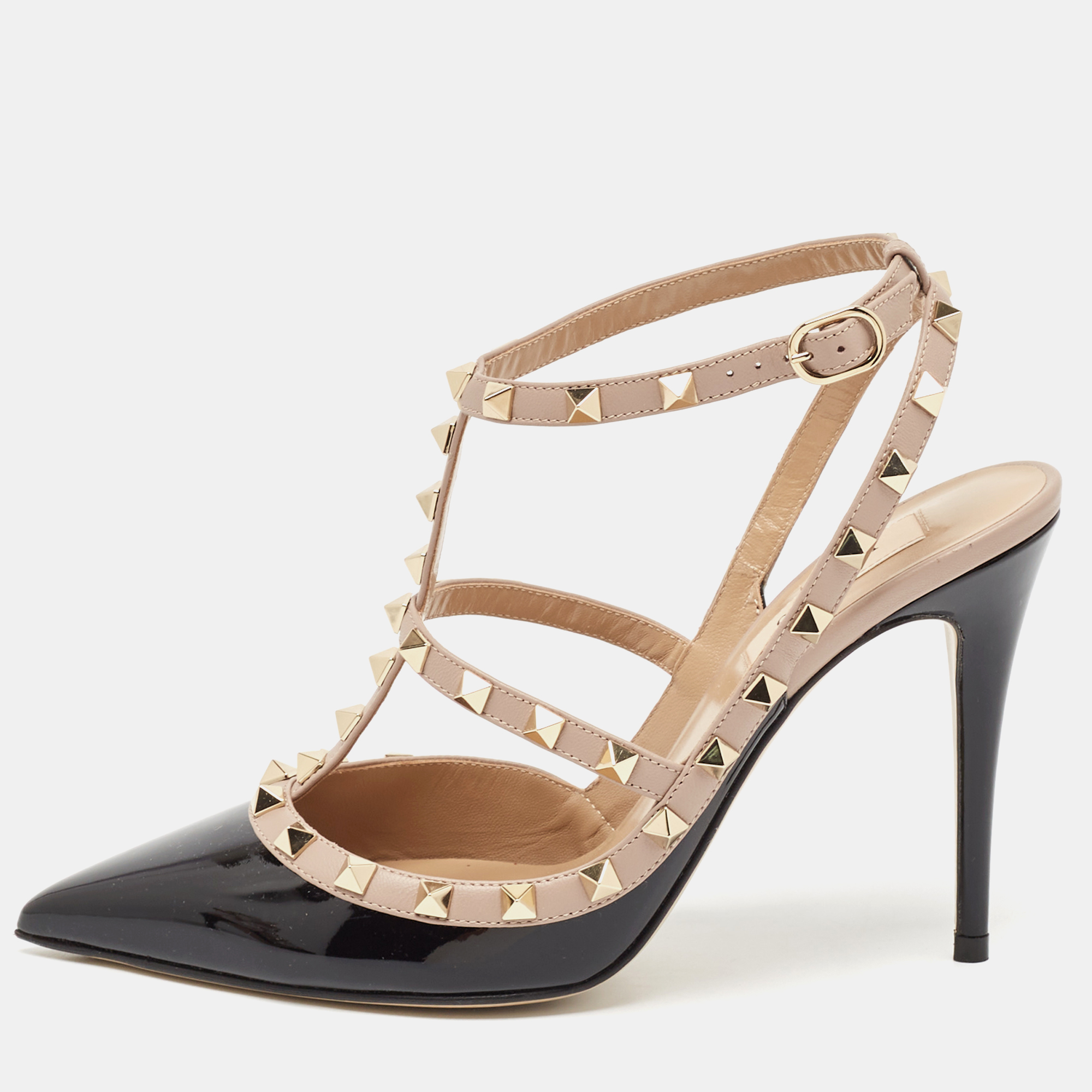 

Valentino Black/Pink Patent and Leather Rockstud Caged Pumps Size