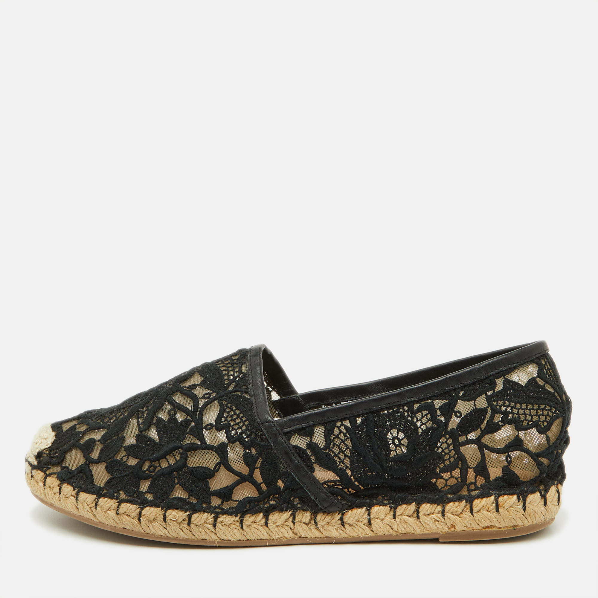 

Valentino Black Floral Lace Espadrille Flats Size