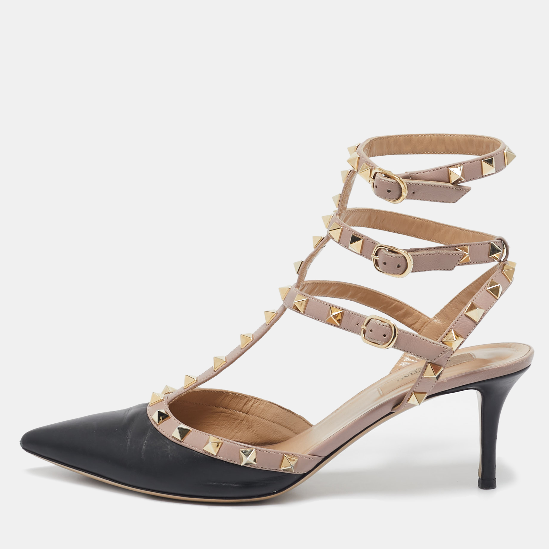 

Valentino Black/Beige Leather Rockstud Ankle Strap Pumps Size