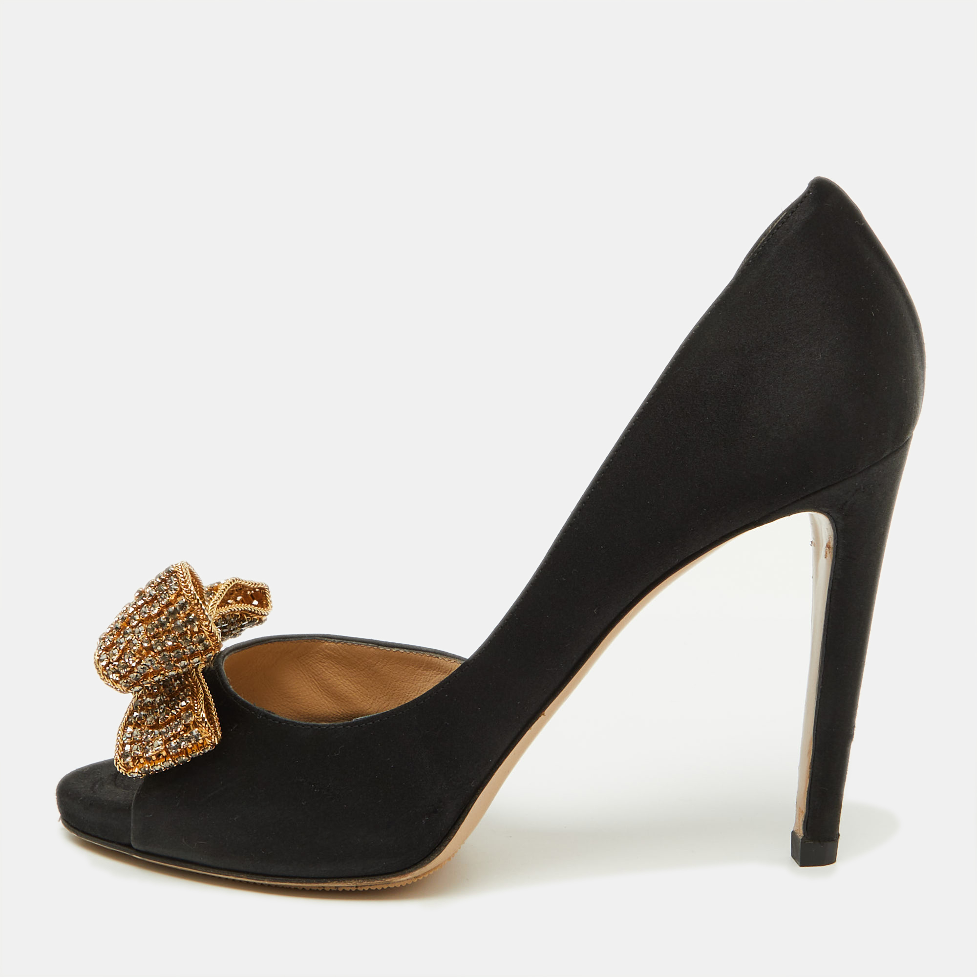 

Valentino Black Satin Crystal Embellished Bow D'Orsay Pumps Size