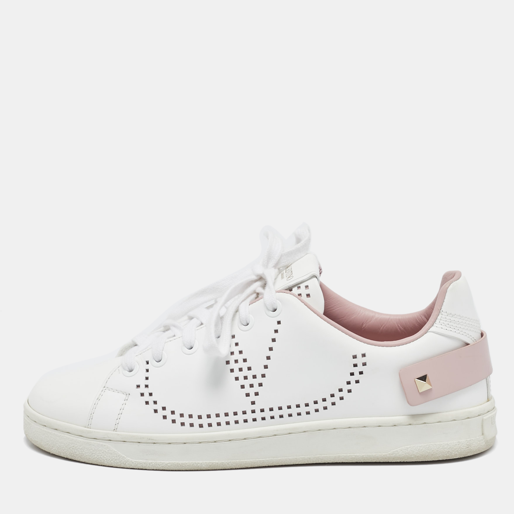 

Valentino White Perforated Leather Backnet Rockstud Low Top Sneakers Size