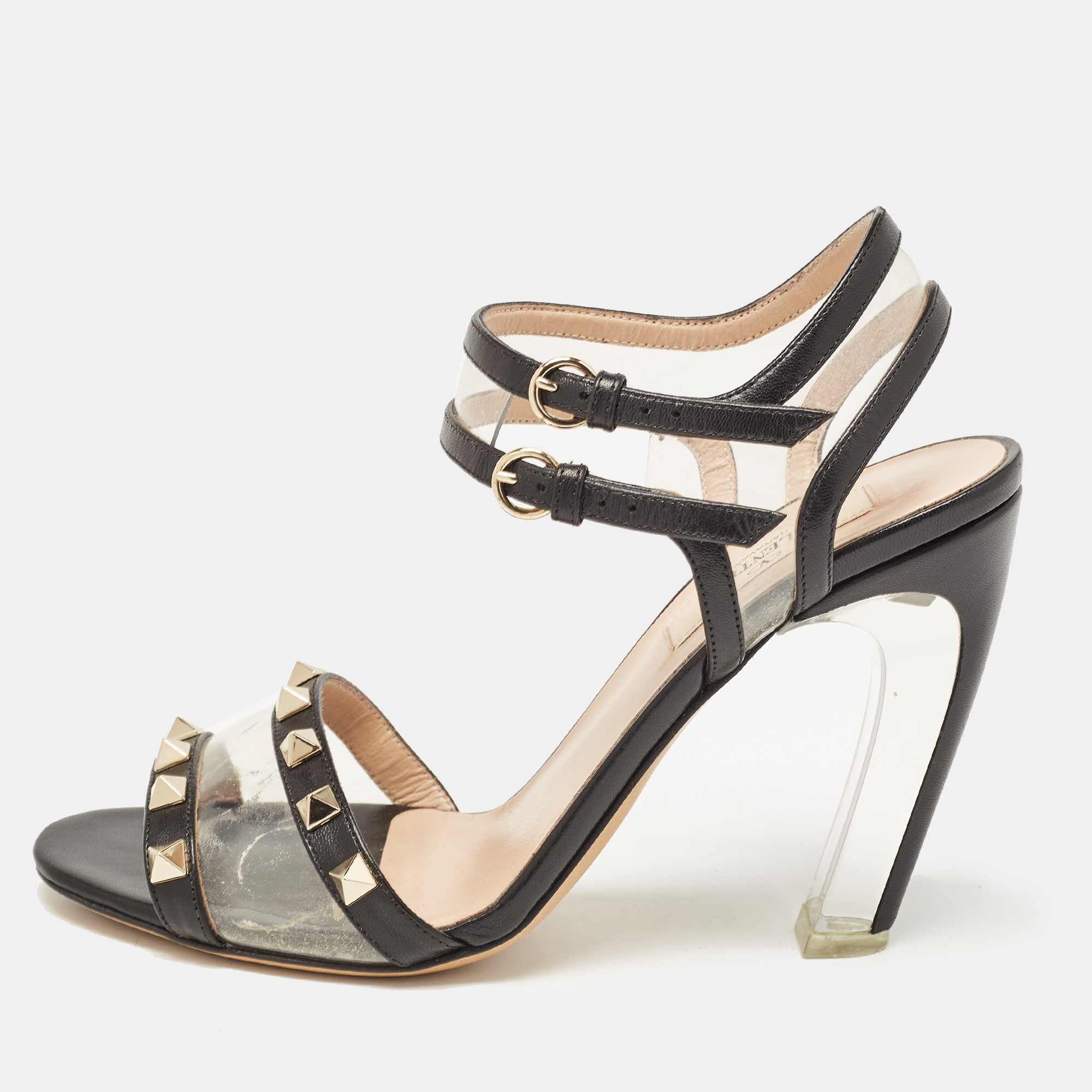 

Valentino Black Leather and PVC Rockstud Ankle Strap Sandals Size