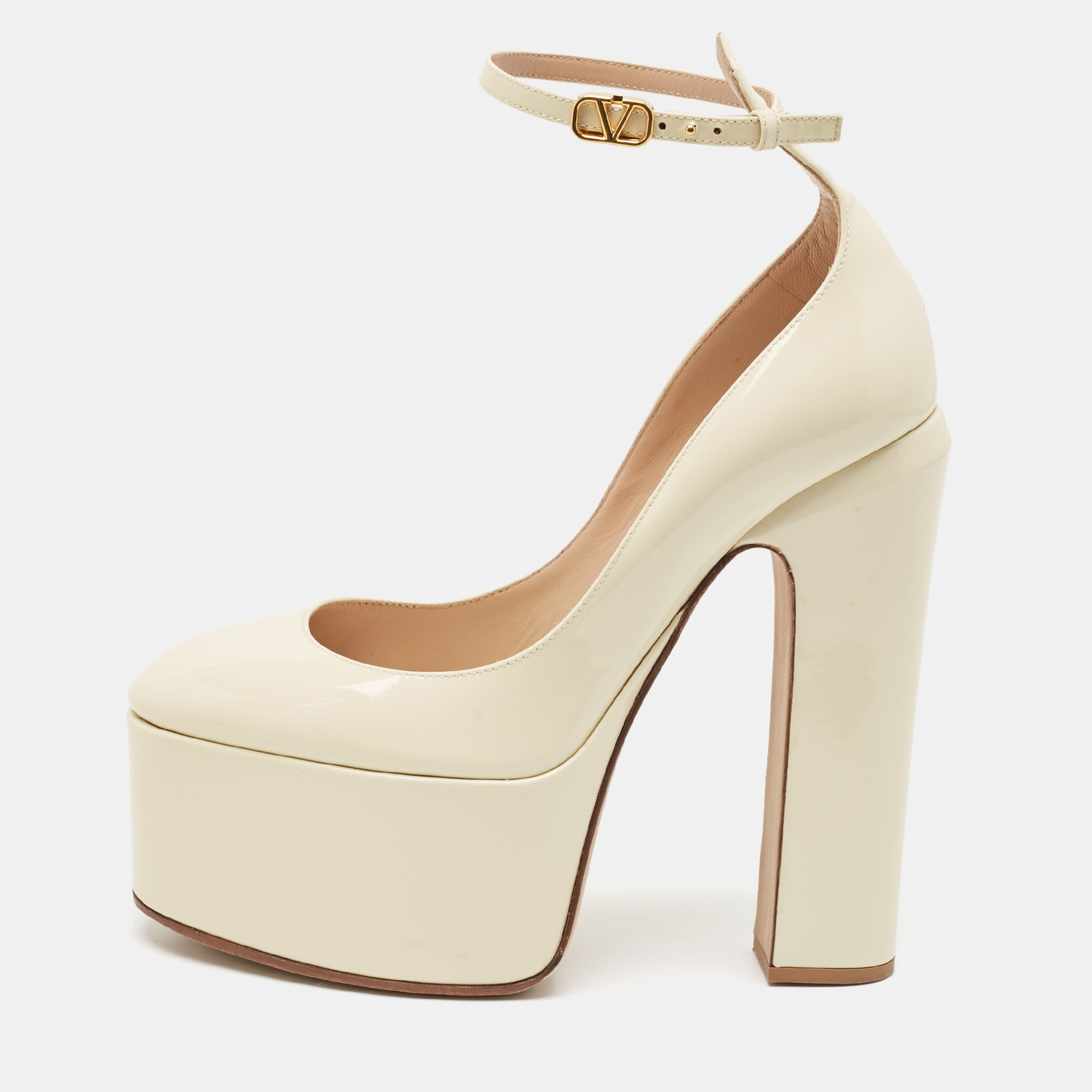 

Valentino Cream Patent Leather Tango Platform Ankle Strap Block Heel Pumps Size