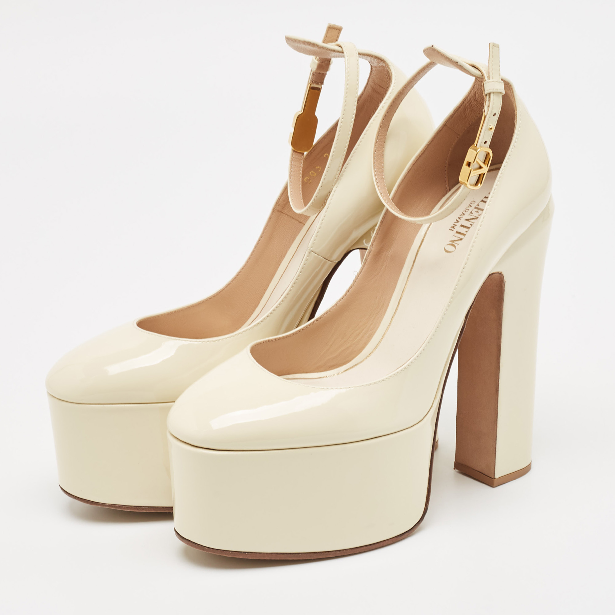 Valentino Cream Patent Leather Tango Platform Ankle Strap Block Heel Pumps Size 37.5 