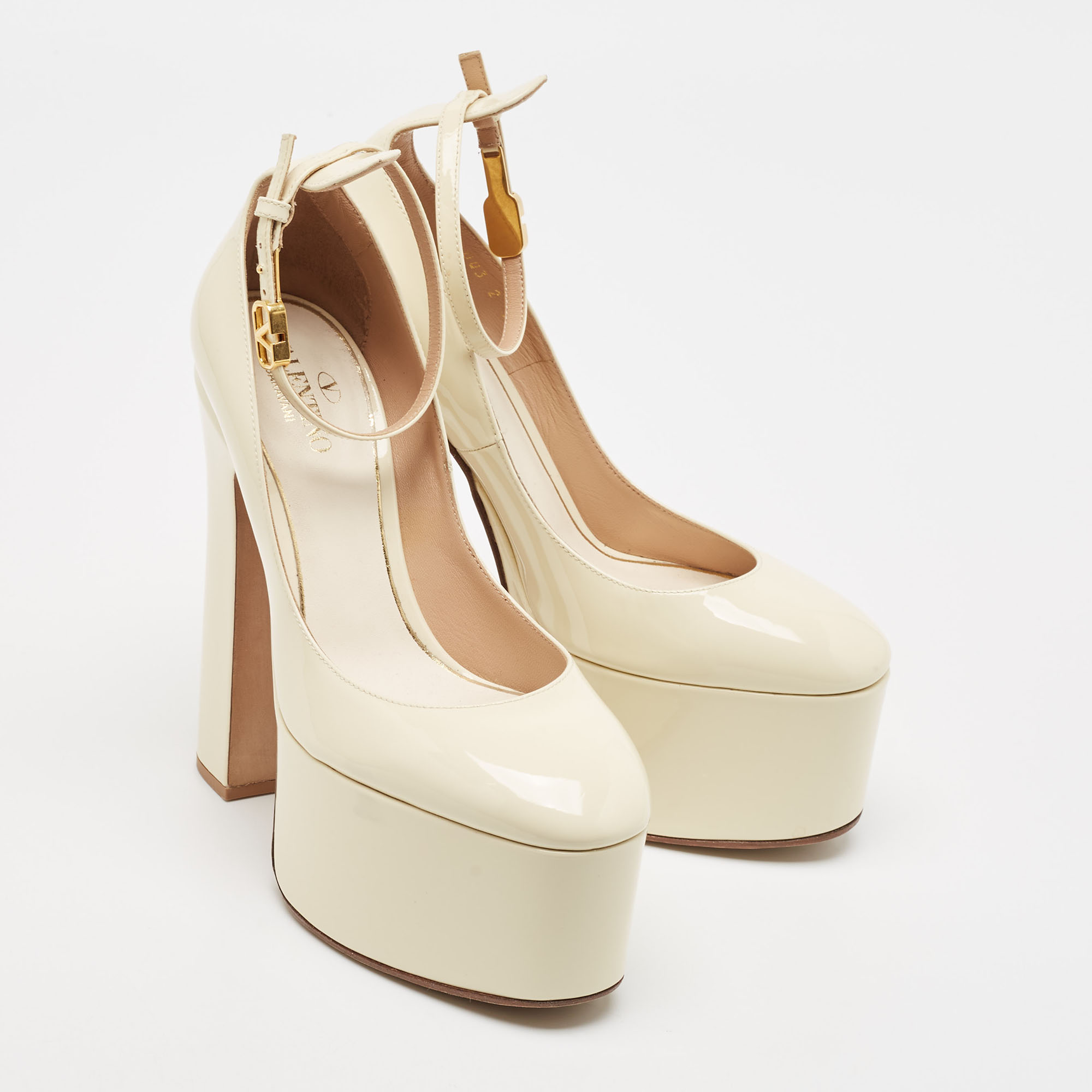 Valentino Cream Patent Leather Tango Platform Ankle Strap Block Heel Pumps Size 37.5 