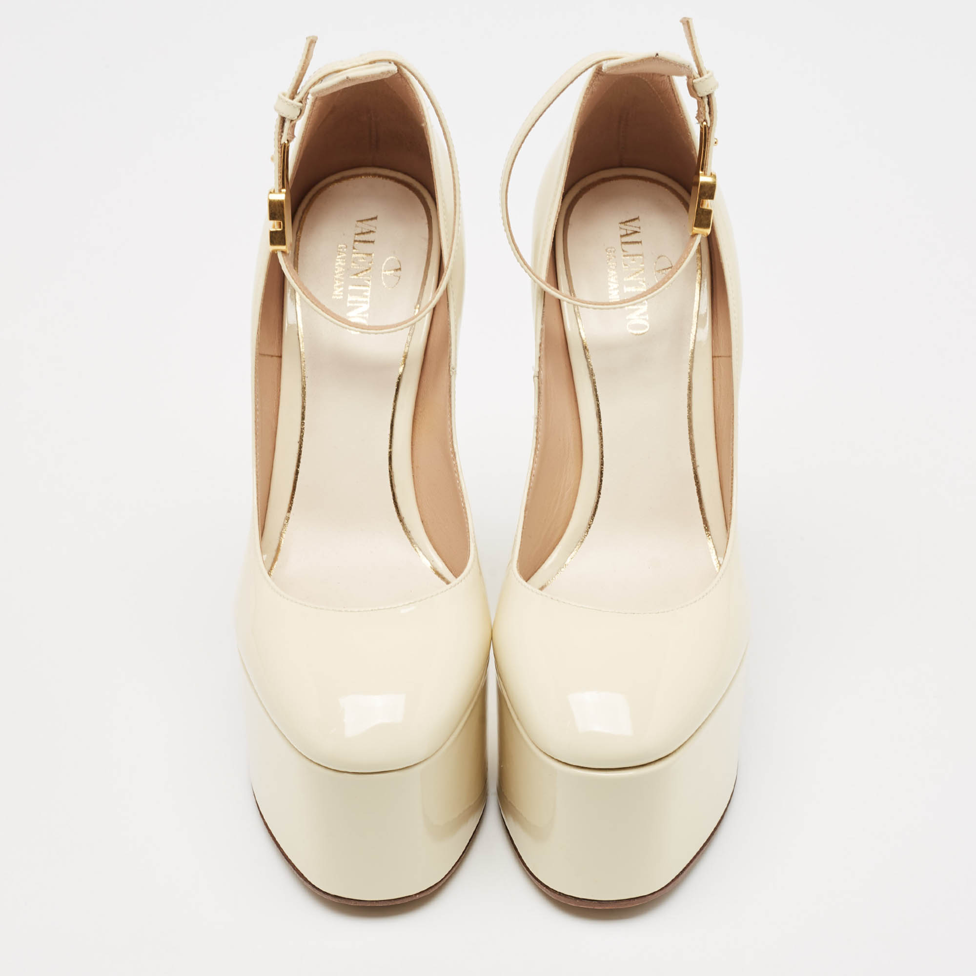 Valentino Cream Patent Leather Tango Platform Ankle Strap Block Heel Pumps Size 37.5 