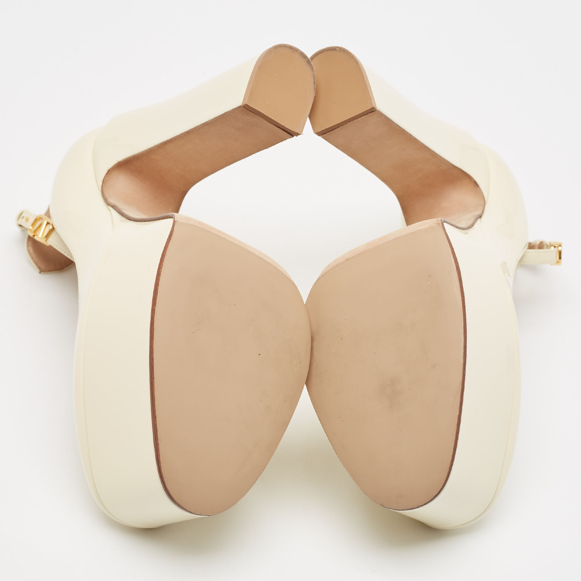 Valentino Cream Patent Leather Tango Platform Ankle Strap Block Heel Pumps Size 37.5 