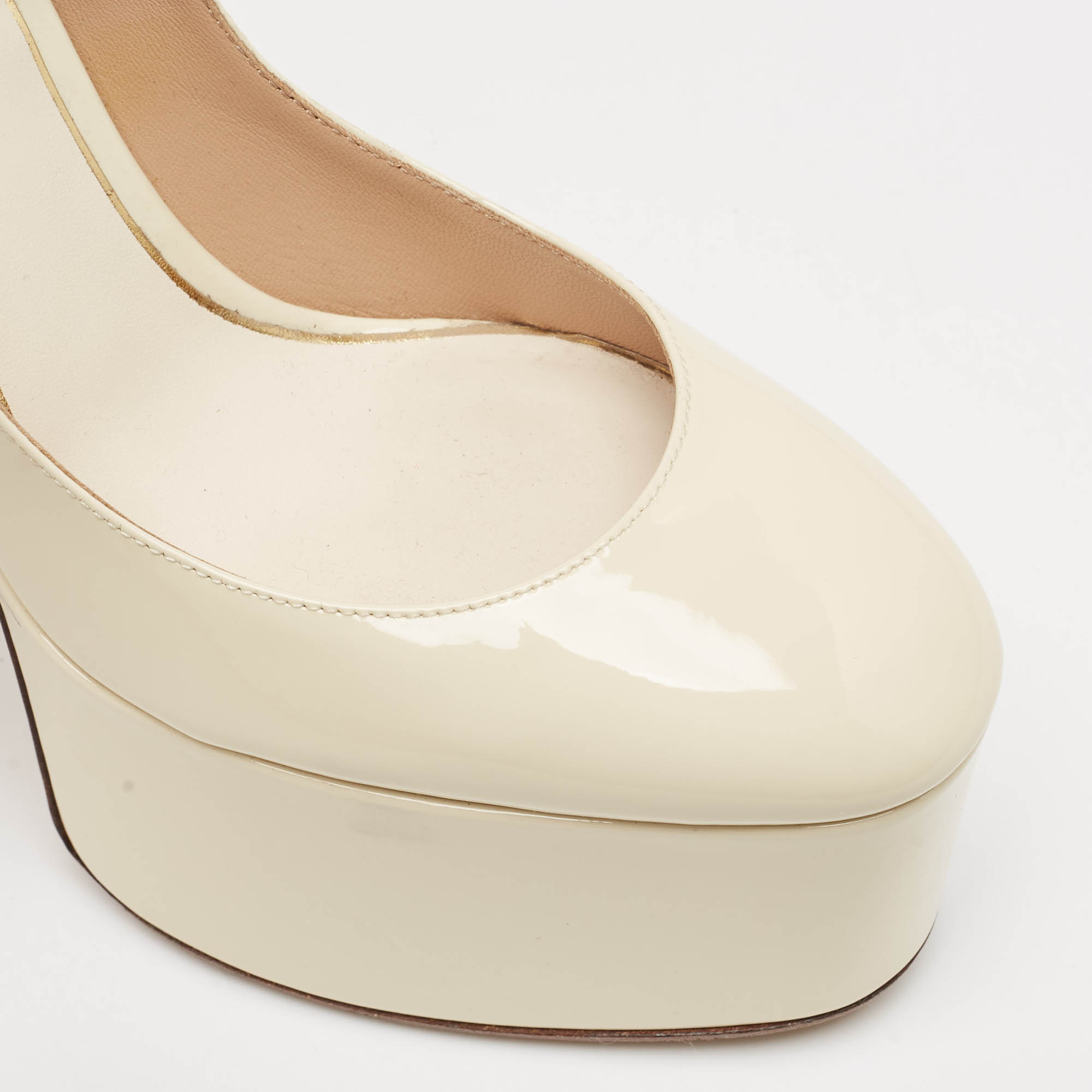 Valentino Cream Patent Leather Tango Platform Ankle Strap Block Heel Pumps Size 37.5 